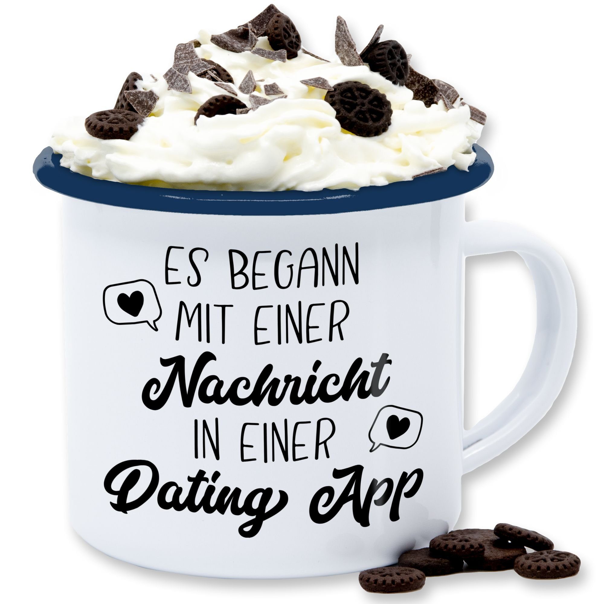 Shirtracer Tasse Es Stahlblech, Nachricht Blau 3 mit Valentinstag einer App, begann Geschenk Weiß Dating