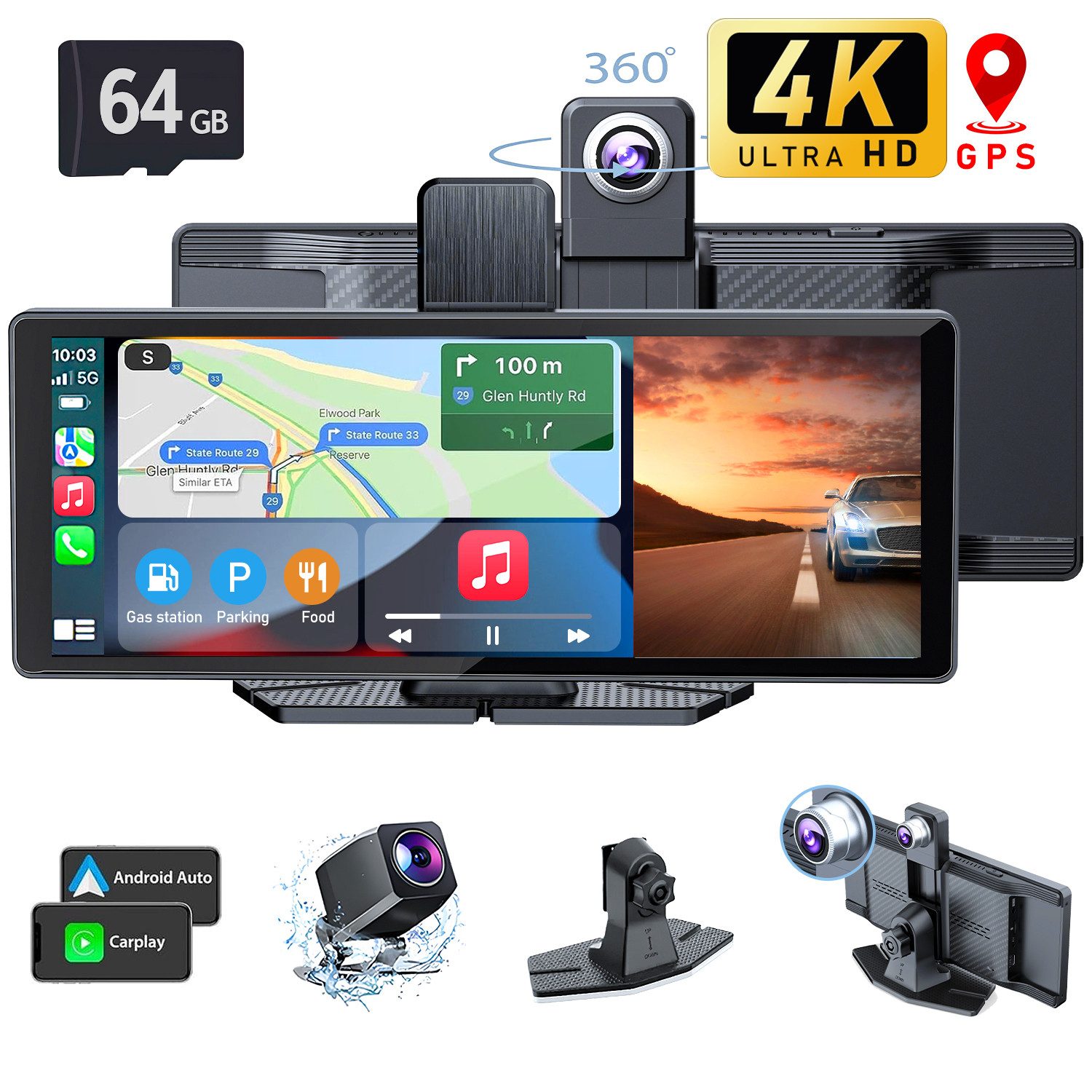 ibettertec Dashcam Auto, Autokamera,Kamera Carplay mit GPS Navigationsgerät Dashcam (1600*1600 HD, WLAN (Wi-Fi), apple carplay, Android Auto, GPS-Navigation,Car-Audio-Receiver,Sprachsteuerung, 10.26 Zoll,für Auto LKW PKW,Wohnmobil Auto-Stereo-Touchscreen)