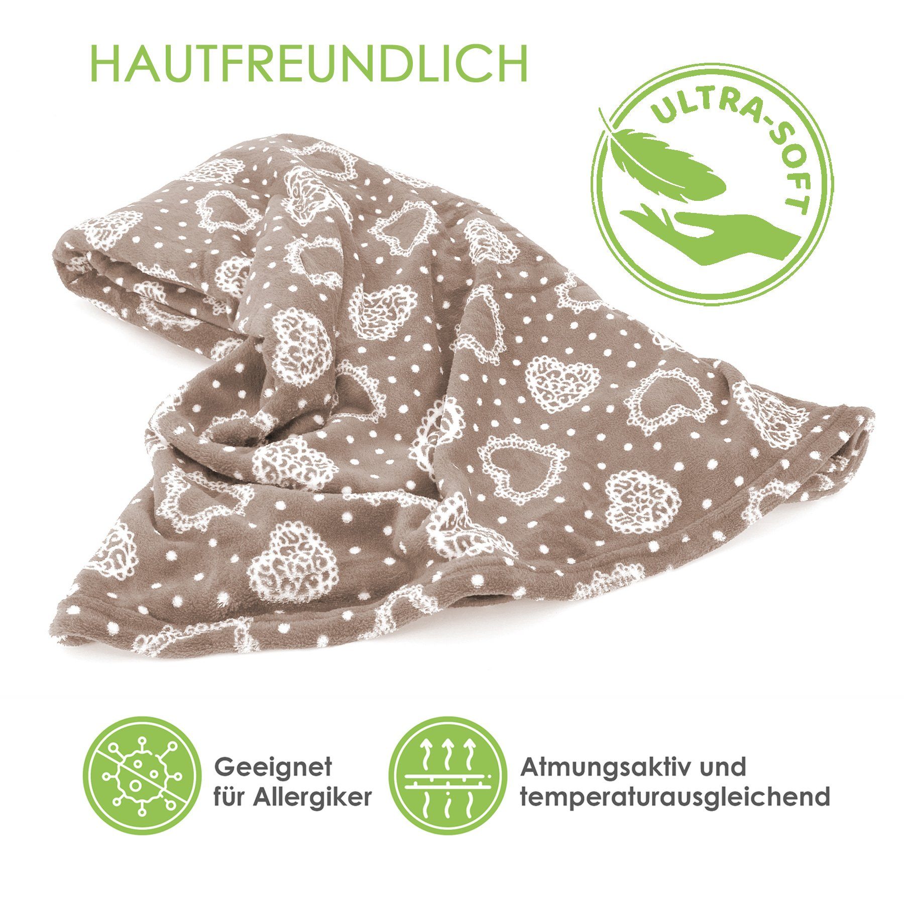 Wohndecke Kuscheldecke Herzen Flanell Sofadecke Landhaus, heimtexland, kuschelig weich und warm I XL 150x200