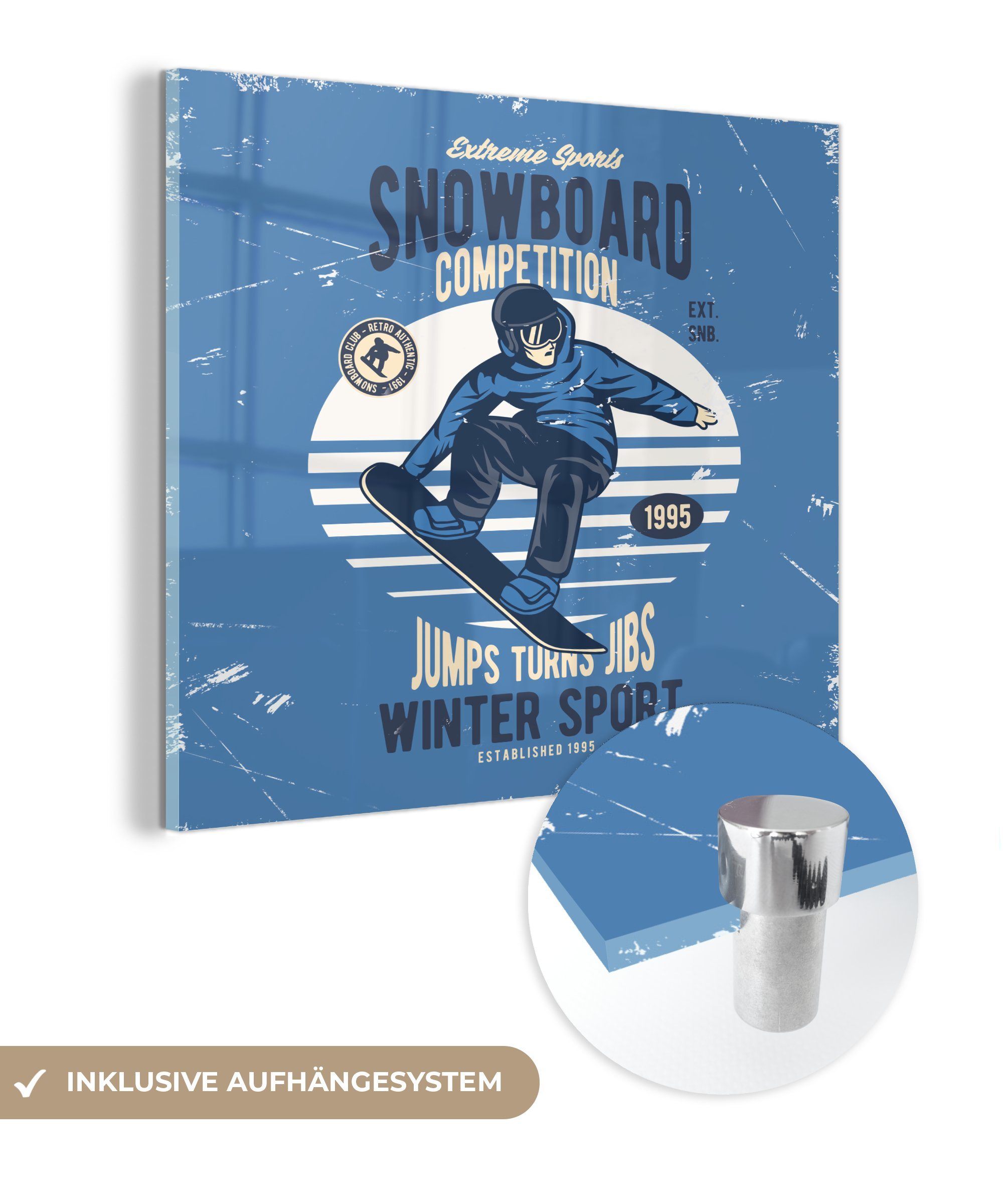 MuchoWow Acrylglasbild Snowboard - Wintersport Wandbild - Glasbilder (1 - - Glas auf Retro, St), Foto - auf Bilder Glas Wanddekoration