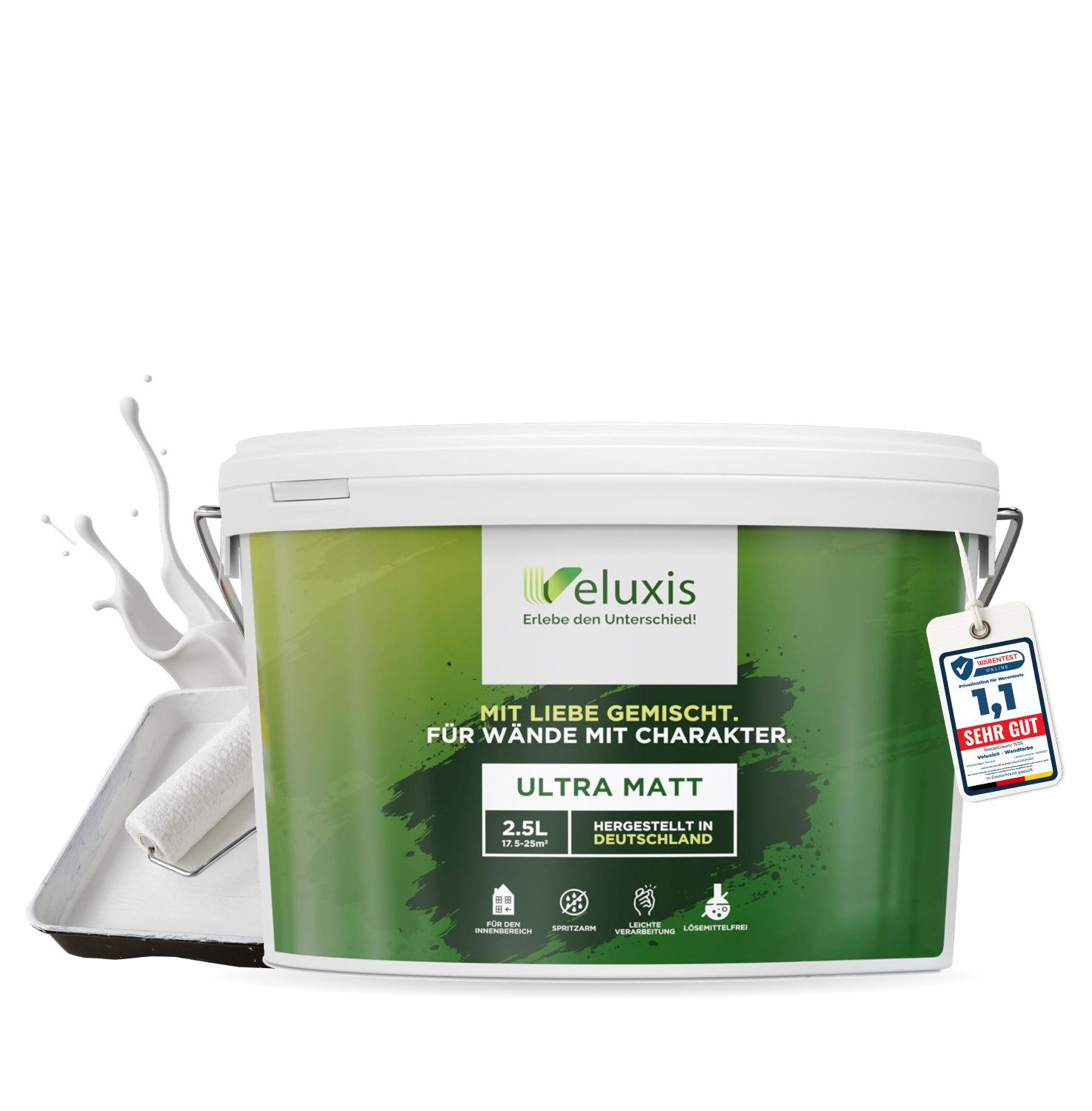 Veluxis Wandfarbe Veluxis® Hochwertige Wandfarbe Weiß, Deckkraft-Klasse 1, Streifenfrei, tropfarm & Öko Farbe, VOC-frei