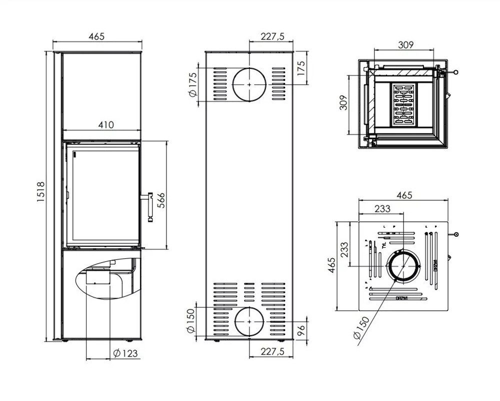 Hitze Kaminofen Eck-Kaminofen Hitze SIGA weiß, raumluftunabh. -6,5kW, 6.5 kW