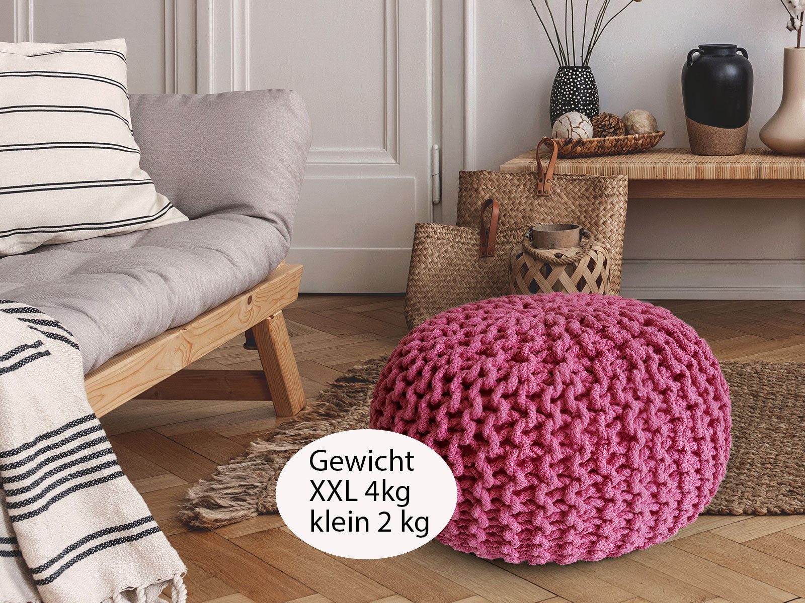 Amagohome Sitzhocker Strickhocker XXL Pouf Ø55 H37cm Bodenkissen Sitzpouf Baumwolle recycel – Bild 5 von 5