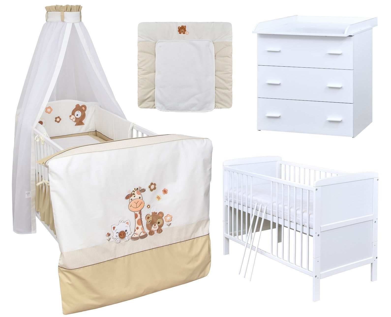 Baby-Delux Babyzimmer-Komplettset Babyzimmer 140x70 weiß Komplettset, (13-tlg), Babybett Wickelkommode Bettwäsche Set Komplettzimmer