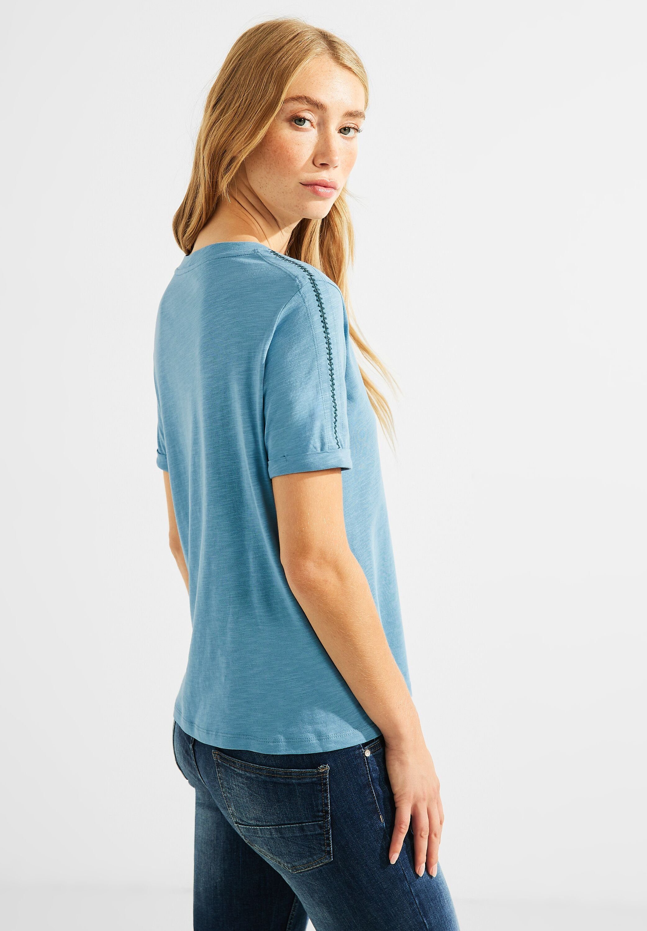 blue aus T-Shirt adriatic Materialmix softem Cecil