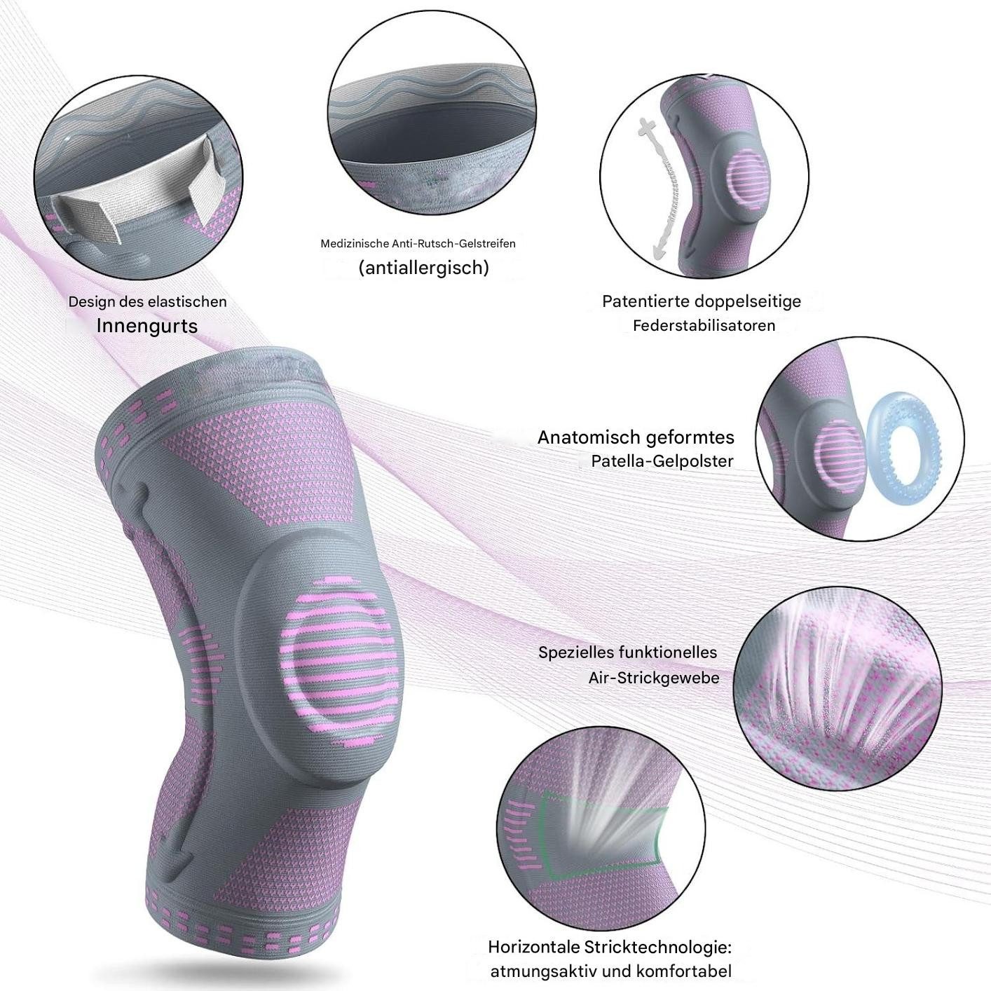 NEENCA Kniebandage Kompressions-Kniebandage Pink Grau mit Patella Pad & Stabilisatoren (Einzelne Kniebandage mit Stabilisatoren & Gel Pad, 1er Set Kniebandage Pink Grau für Sport & Alltag), Kompressions-Kniebandage Patella Gel Pad Stabilisatoren, rutschfest