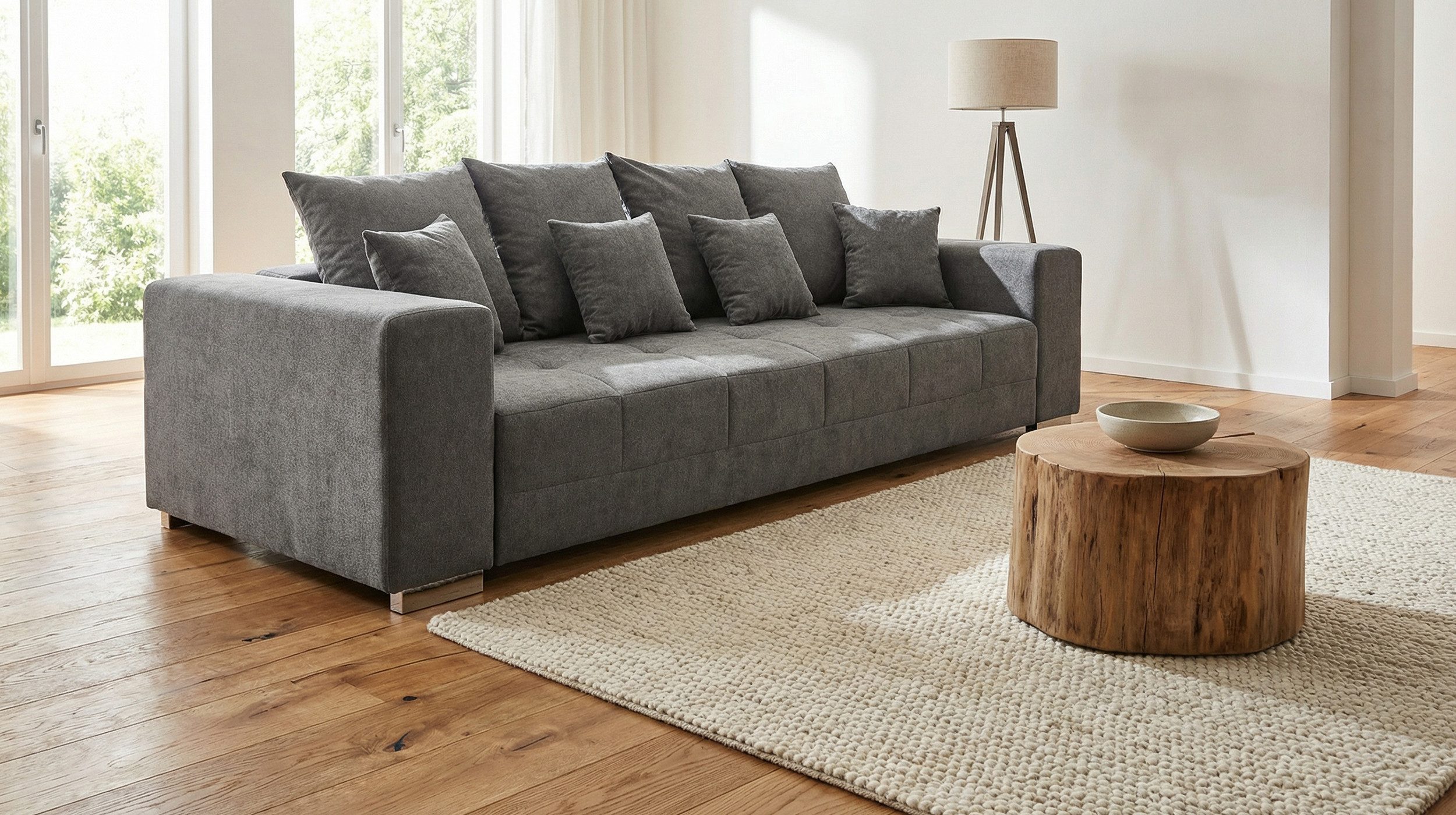 Massivart® Big-Sofa grau Stoffbezug 254 cm / Nosagfederung / 4-Sitzer / BORNEO, Rücken echt bezogen / inklusive Kissen Set