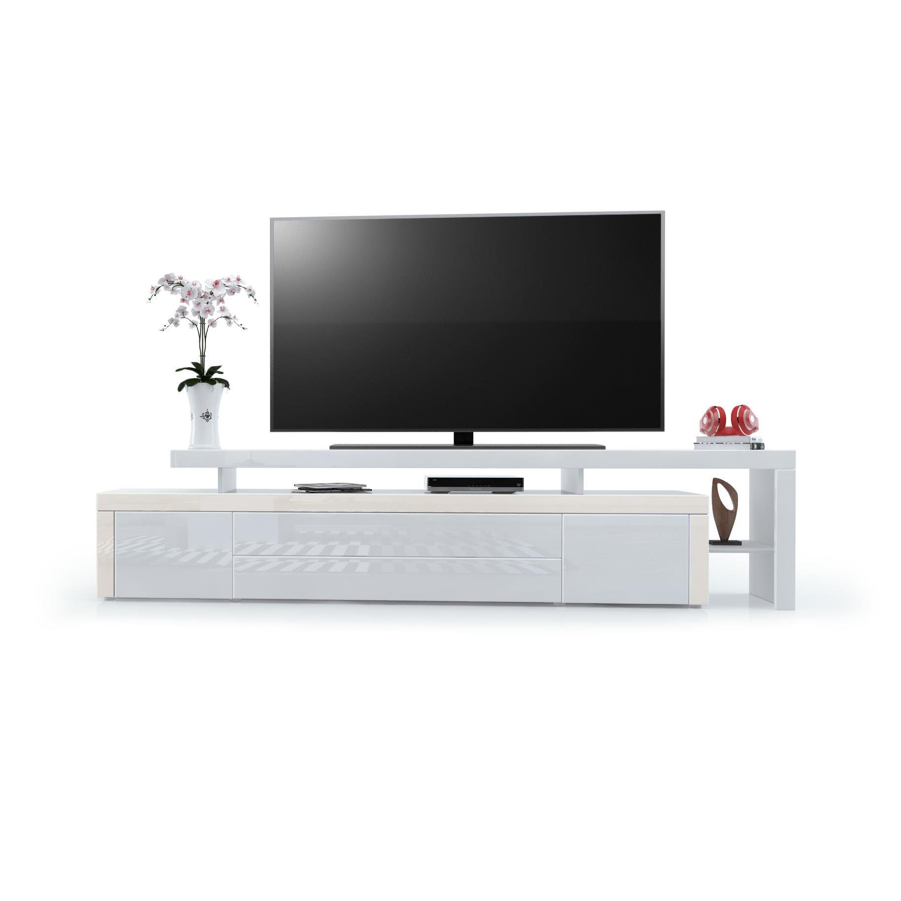 Vladon Lowboard Leon (TV-Kommode, mit zwei Türen, zwei Schubkästen und einem modernen Überbau), Creme Hochglanz/Weiß Hochglanz (227 x 52 x 35 cm)
