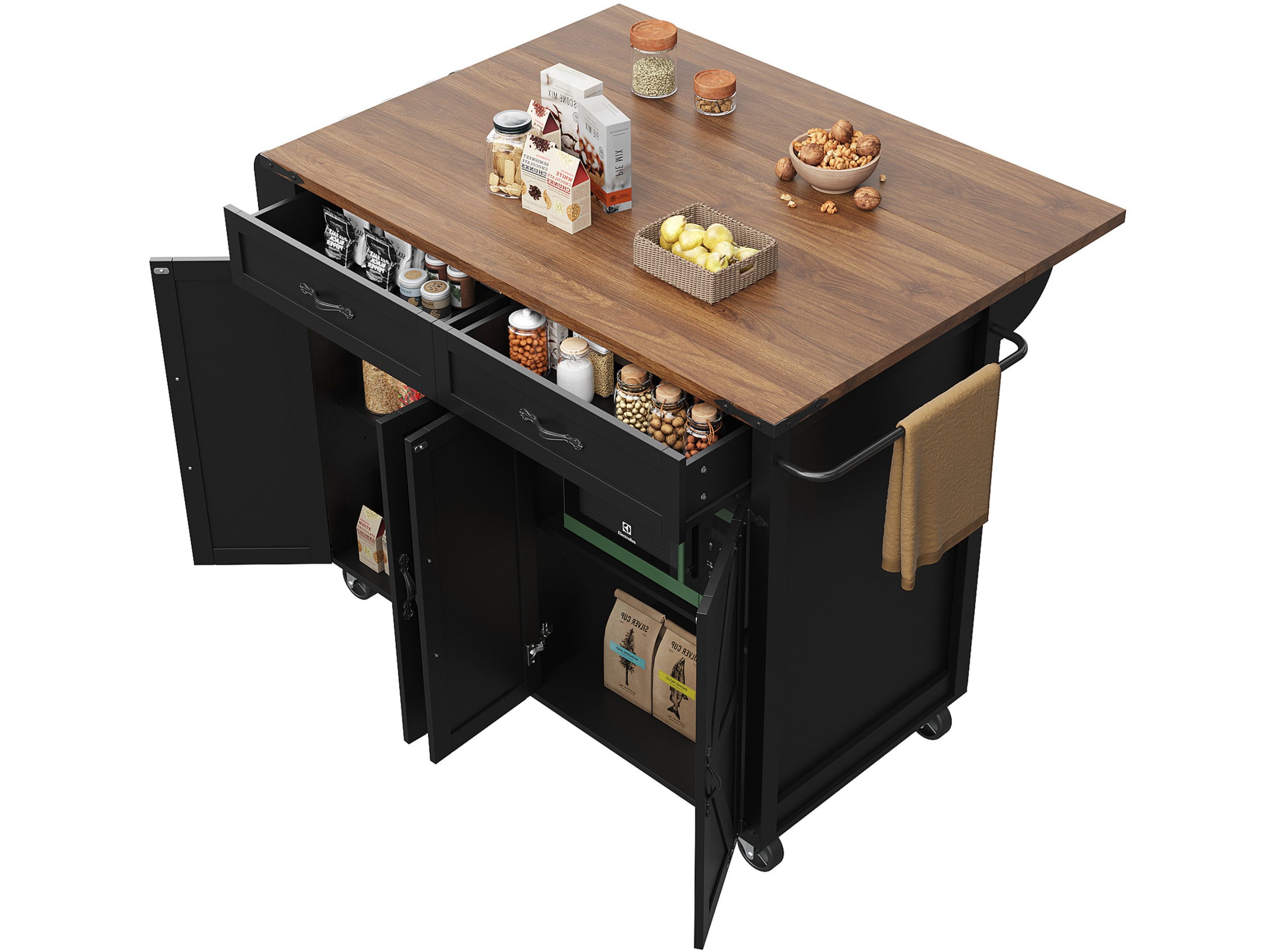 SeedWave Kücheninsel auf Rollen 140cm Küchenwagen mit Klappbarer Tischplatte, Viel Stauraum, Der Servierwagen mit Kantenschutz, 2 verstellbaren Einlegeböden