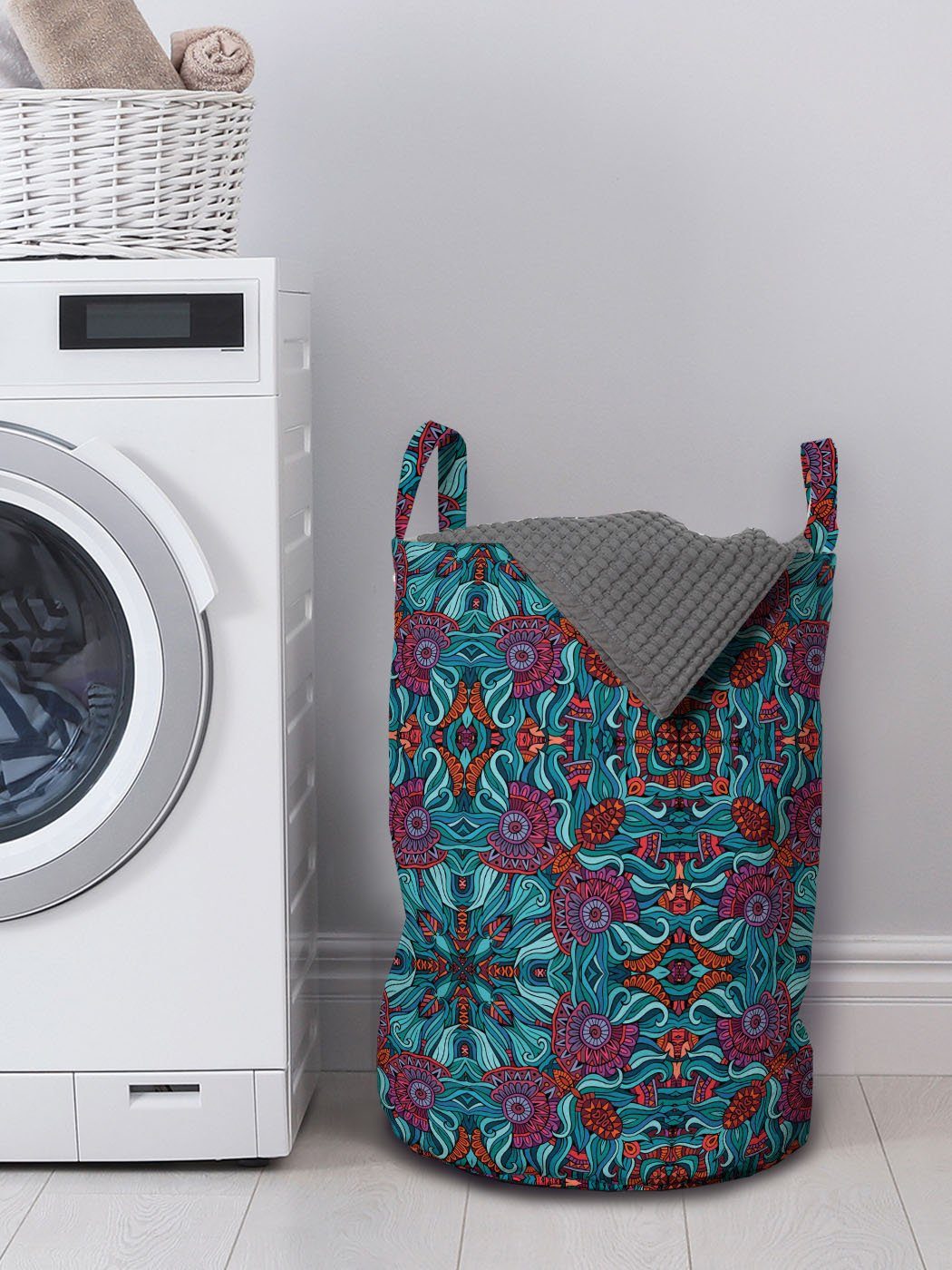 Abakuhaus Wäschesäckchen Wäschekorb mit Ornamental für Griffen Waschsalons, wirbelt Kordelzugverschluss Curls Ethnisch
