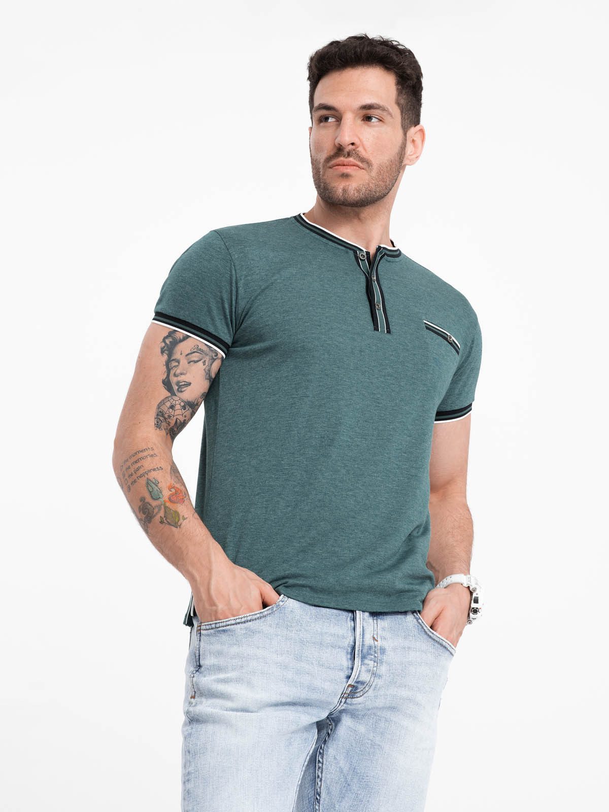 OMBRE T-Shirt Henley-T-Shirt für Männer mit dekorativen Rippenbändern