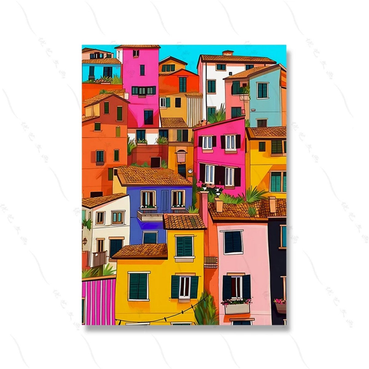 TPFLiving Kunstdruck (OHNE RAHMEN) Poster - Leinwand - Wandbild, Italien berühmte Städte bunte Architektur Leinwand Gemälde (Leinwandbild XXL), Farben: Gelb, Orange, Grün, Blau, Schwarz -Größe: 13x18cm