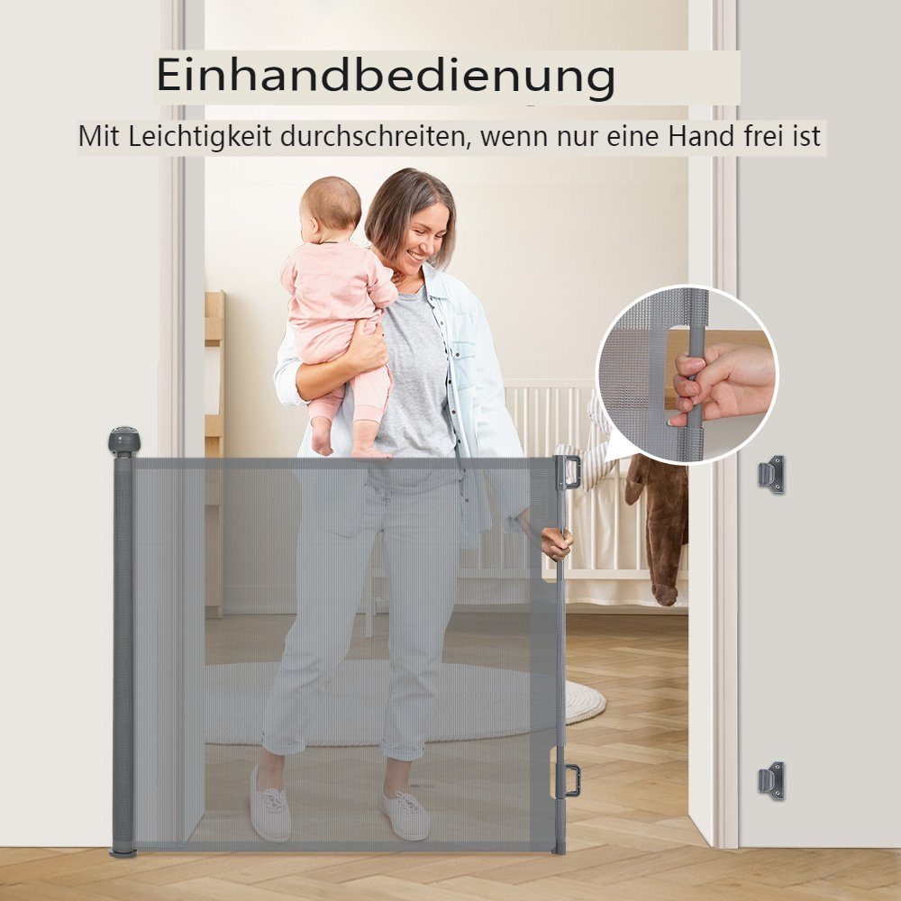Automatische Türschutzgitter Treppenschutzgitter 0-180°, Grau 140/180cm (Baby Comomy Verriegelung), Einziehbar