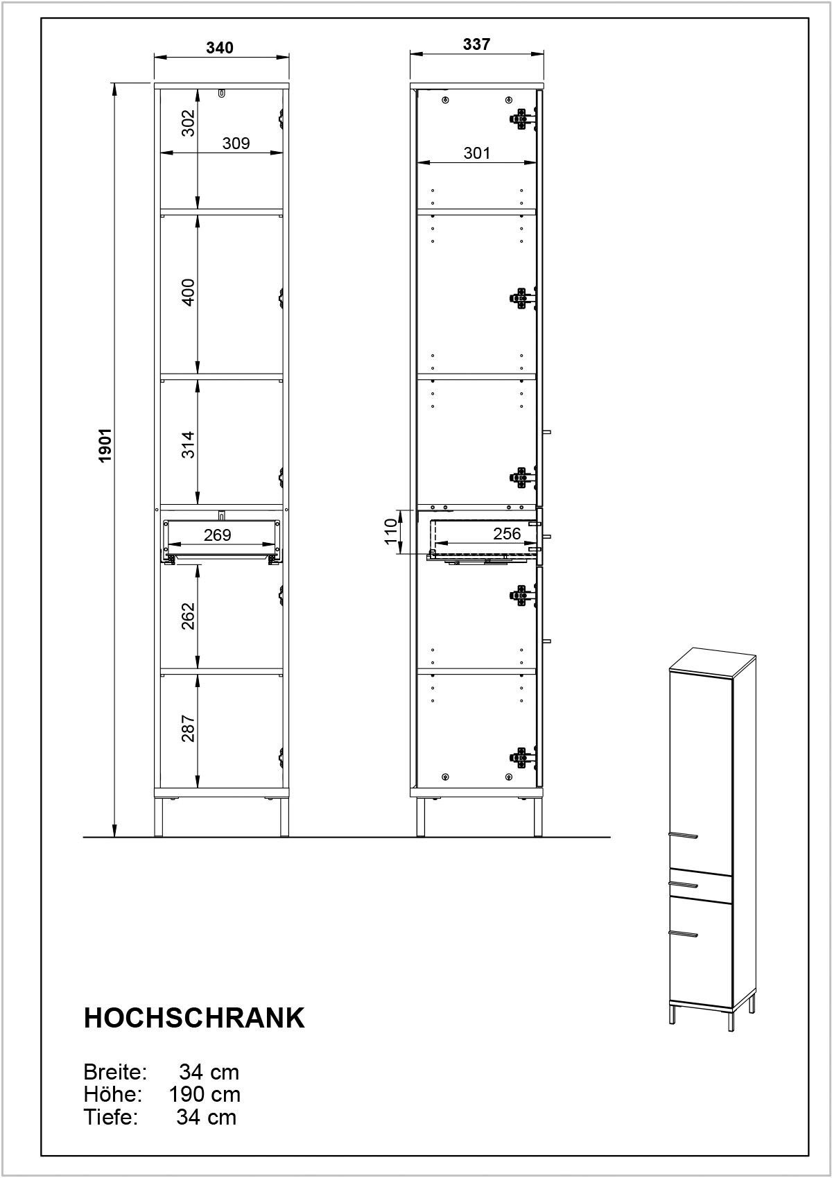 GERMANIA Hochschrank Yonkers Hochwertige Graphit/Navarra-Eiche-Nachbildung Steggriffe Graphit/Navarra-Eiche-Nachbildung | Türdämpfung hohe Füße, ABS-Kanten, und