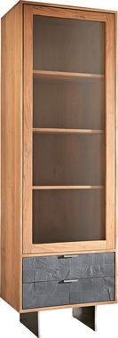 DELIFE Vitrine Teele Akazie Natur Schiefer 60x180 cm 1 Türen 2 Schubfächer Schrank Fuß