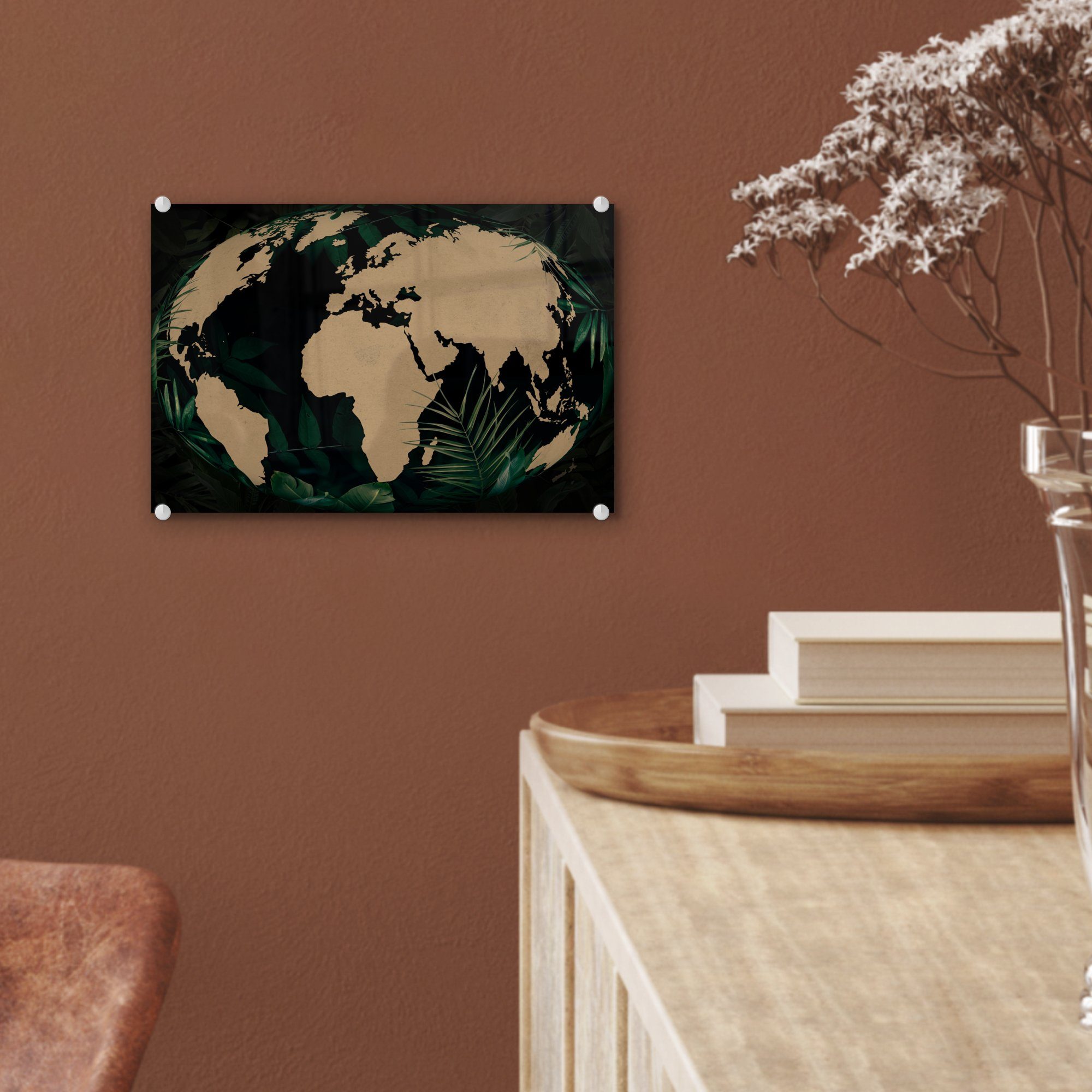 Glasbilder Wandbild - auf Wanddekoration - Glas MuchoWow Weltkarte Globus St), - Glas - Bilder Foto Acrylglasbild Pflanzen, auf - (1