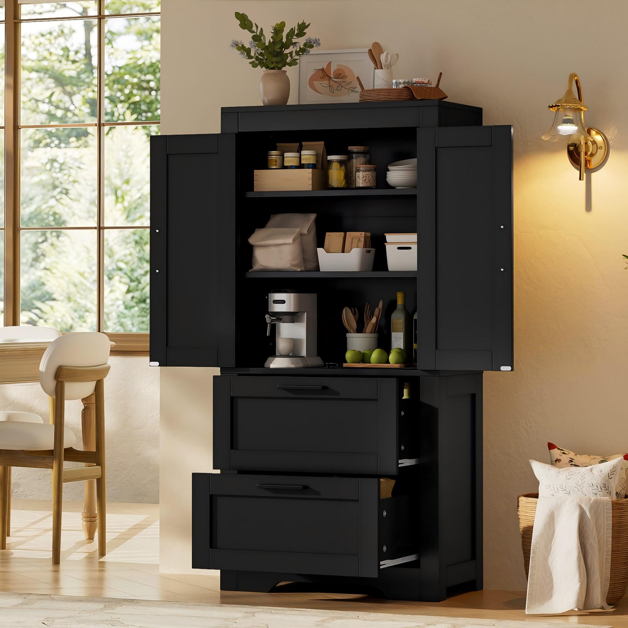 Yorbay Mehrzweckschrank Küchenschrank mit 2 Schubladen & verstellbaren Böden (60x30x128 cm,Landhausstil mit Metallscharnieren) Vielseitiger Aufbewahrungsschrank für Küche, Esszimmer & Wohnzimmer