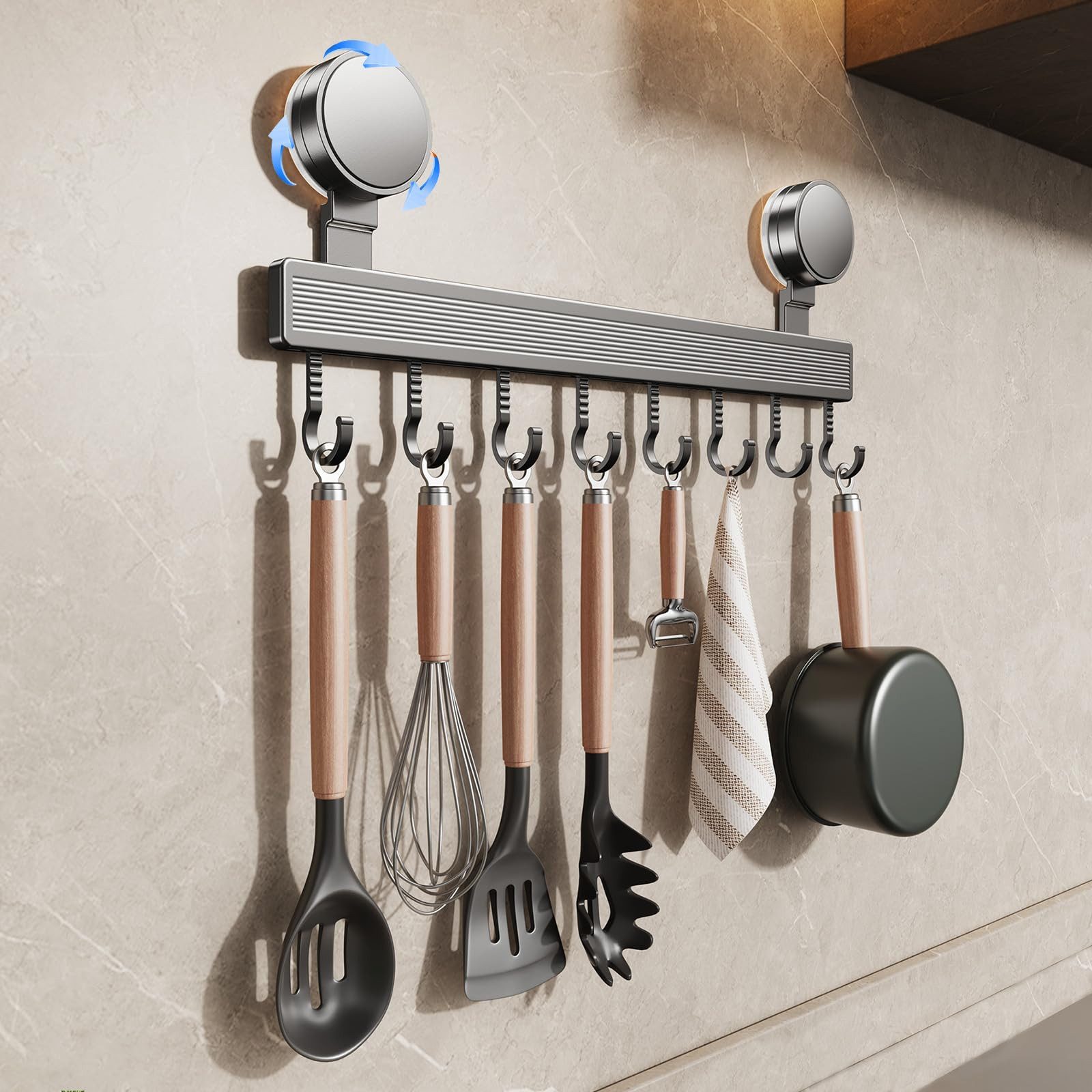 FOUORTUNATE-BEE Hakenleiste Hakenleiste Küche ohne Bohren mit Saugnapf 8 Haken 40cm, (Abnehmbare rostfreie Hakenleiste für Küchenutensilien)