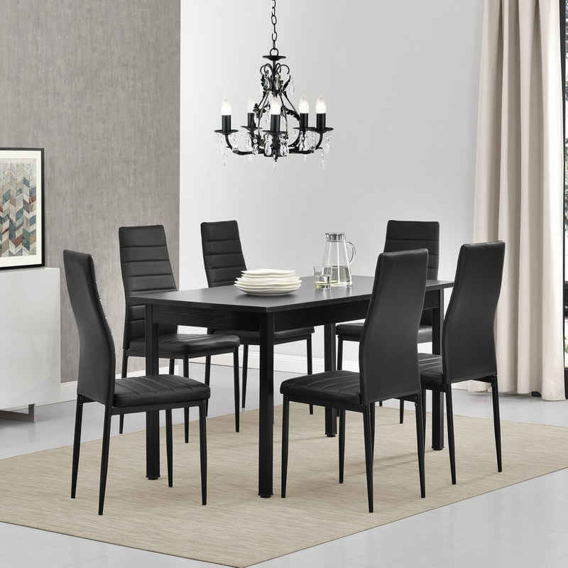 en.casa Essgruppe, (Set, 7-tlg., Esstisch mit 6 Stühlen), »Bjerkvik« 140x60cm Küchentisch Kunstleder Stühle schwarz
