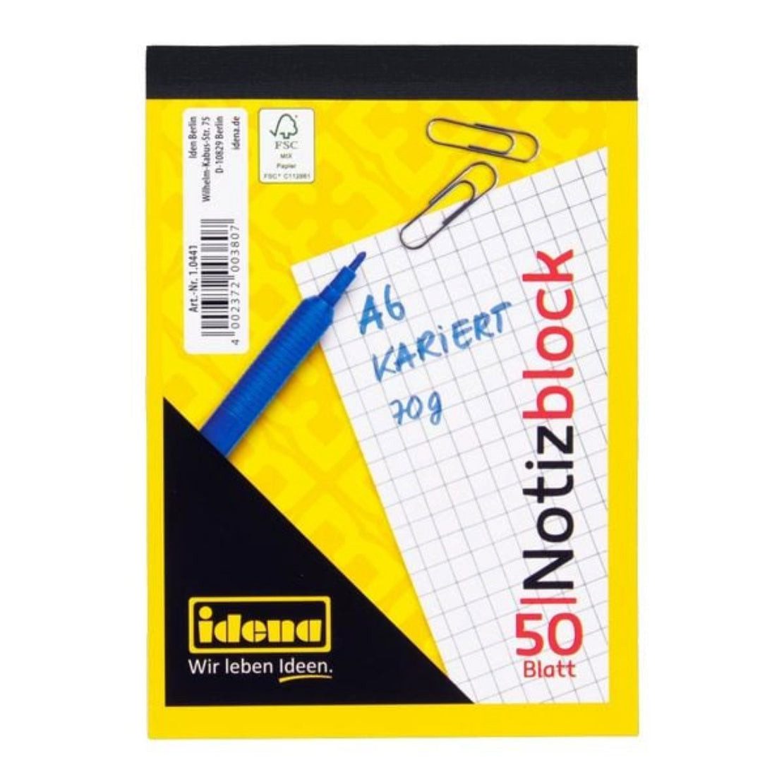 Idena Spiel Idena Notizblock A6 kariert 50 Blatt 70 g/m² kopfgeleimt