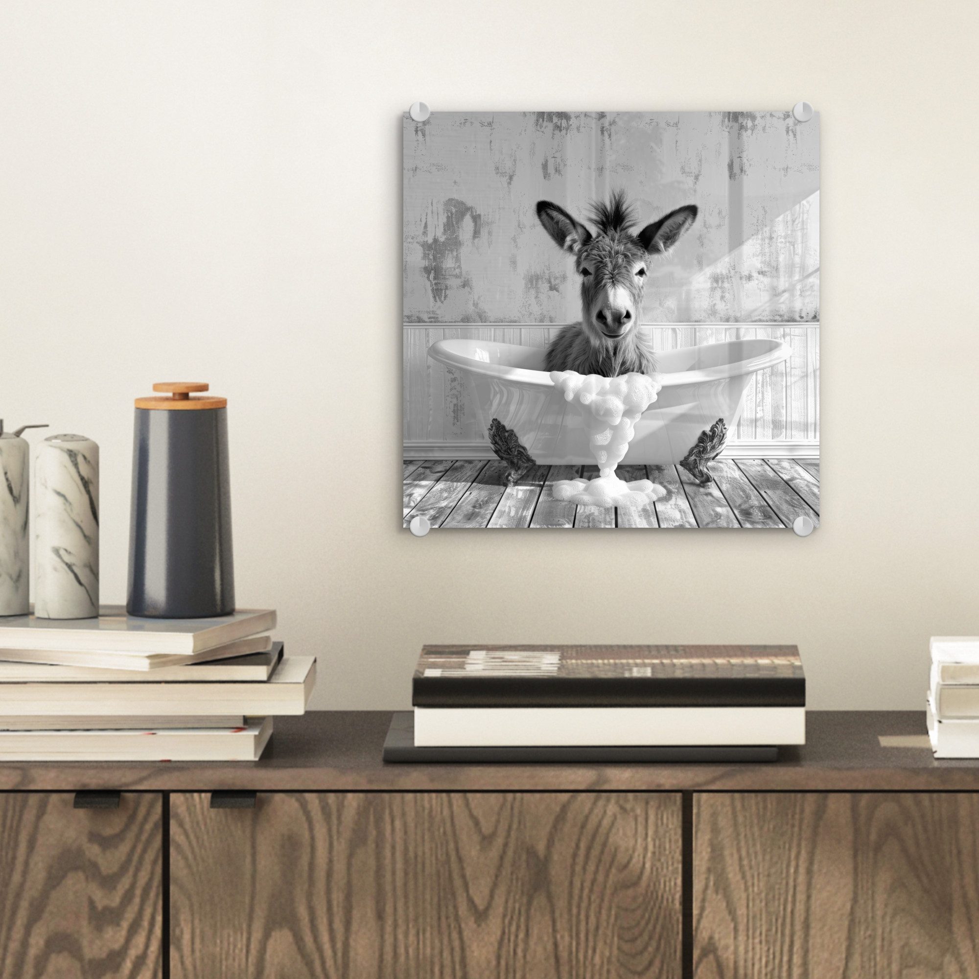 MuchoWow Acrylglasbild Esel - Tier - Vintage - Badewanne - Schwarz - Weiß, günstig online kaufen