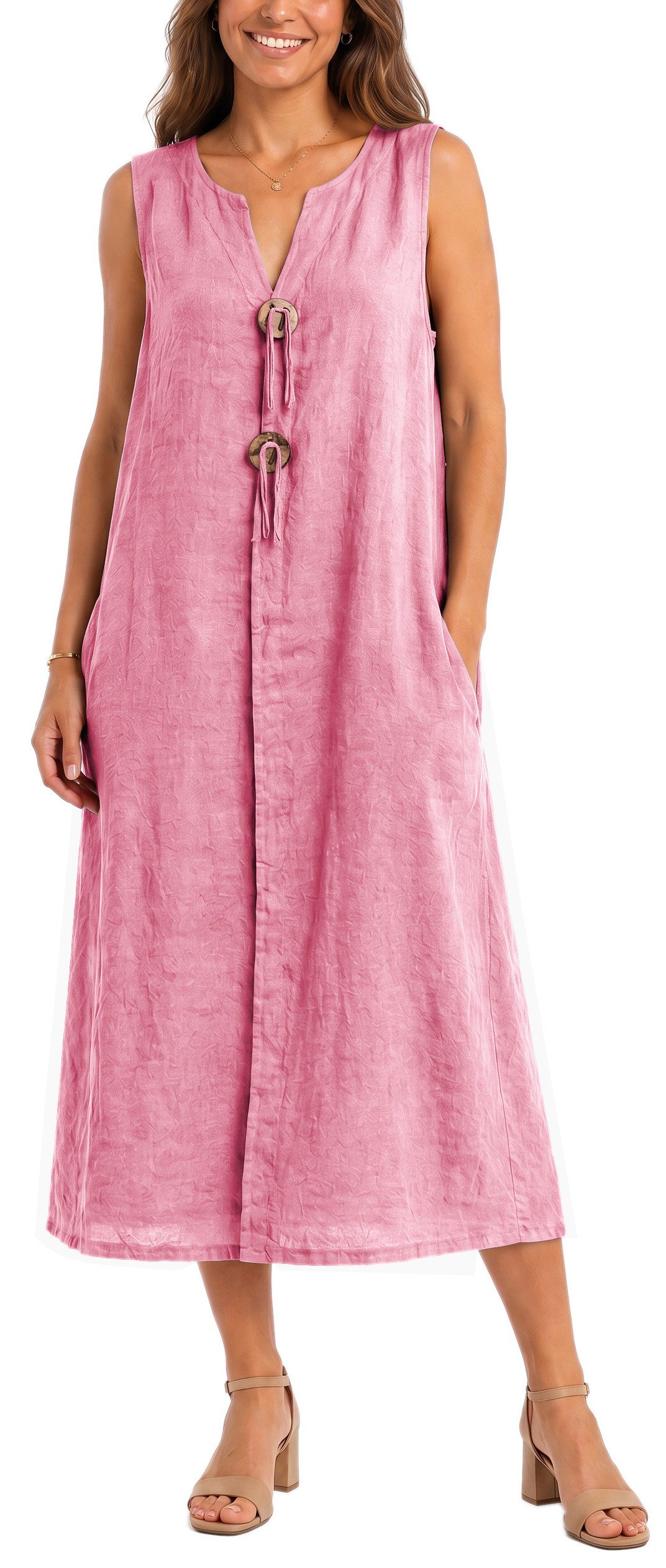 dy_mode Sommerkleid Damen Leinenkleid Luftiges Maxi Sommerkleid Strandkleid Damenkleid in Unifarbe, V-Ausschnitt, mit seitlichen Eingriffstaschen