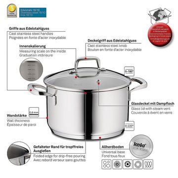 kela Kochtopf Flavoria, Edelstahl 18, 10, Allherdboden, Glasdeckel mit Auslassventil, Innenskala, bis 180°C