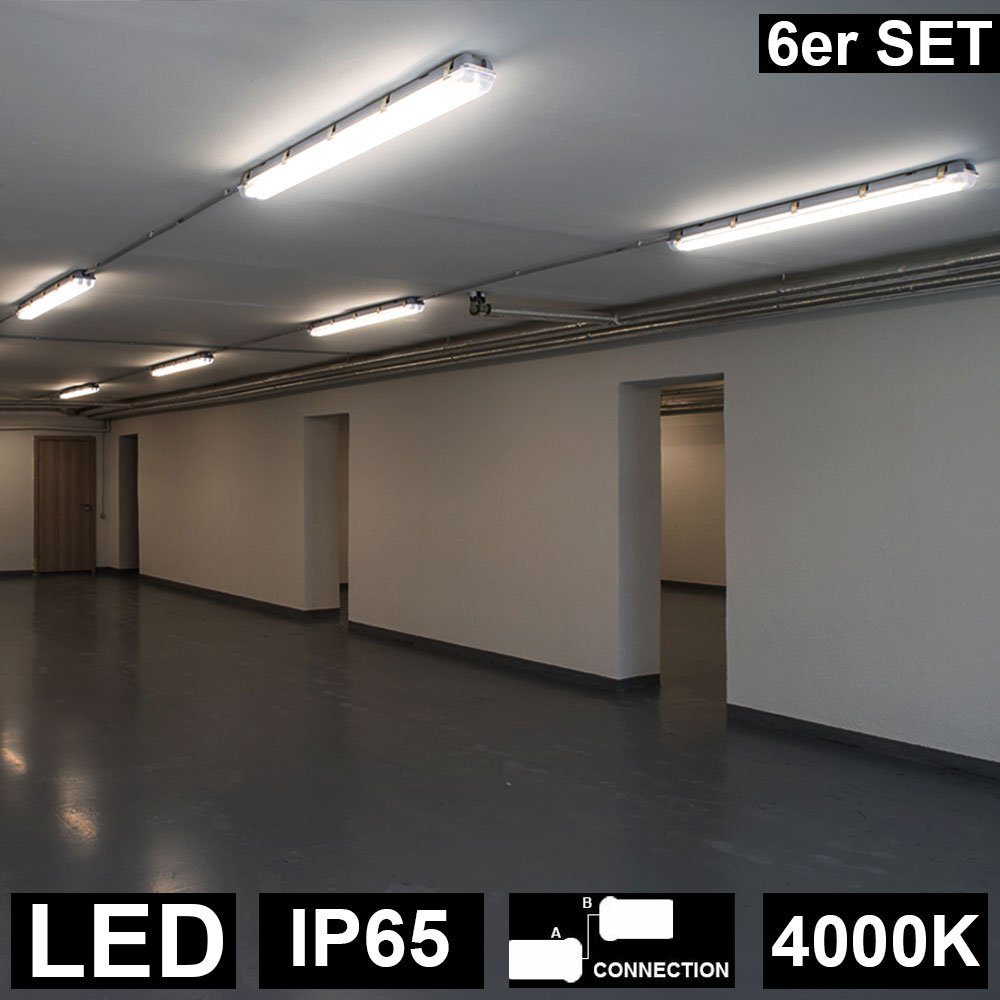 etc-shop LED Deckenleuchte, LED-Leuchtmittel fest verbaut, Neutralweiß, Wannenleuchte Deckenlampe Feuchtraumlampe LED Röhre Kellerlampe 6x