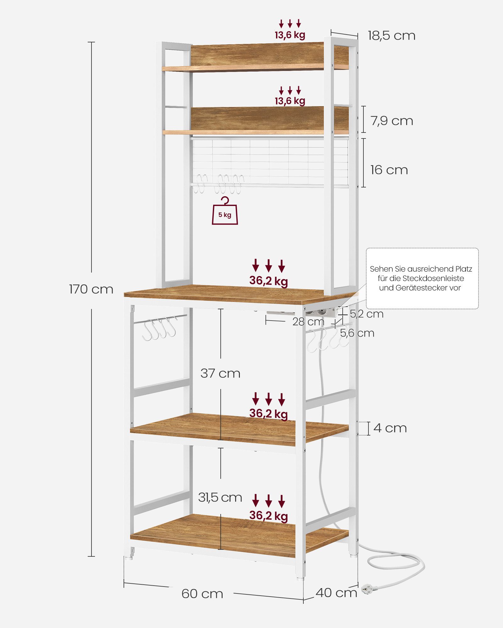 VASAGLE Standregal, Küchenregal mit Steckdosen, 14 Haken, 40 x 80 x 170 cm