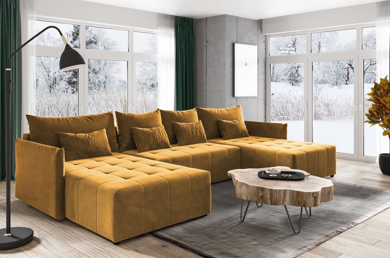 Beautysofa Velour Ben Ecksofa U und gelb Ecksofa Schlaffsofa Bettkasten mit Schlaffunktion