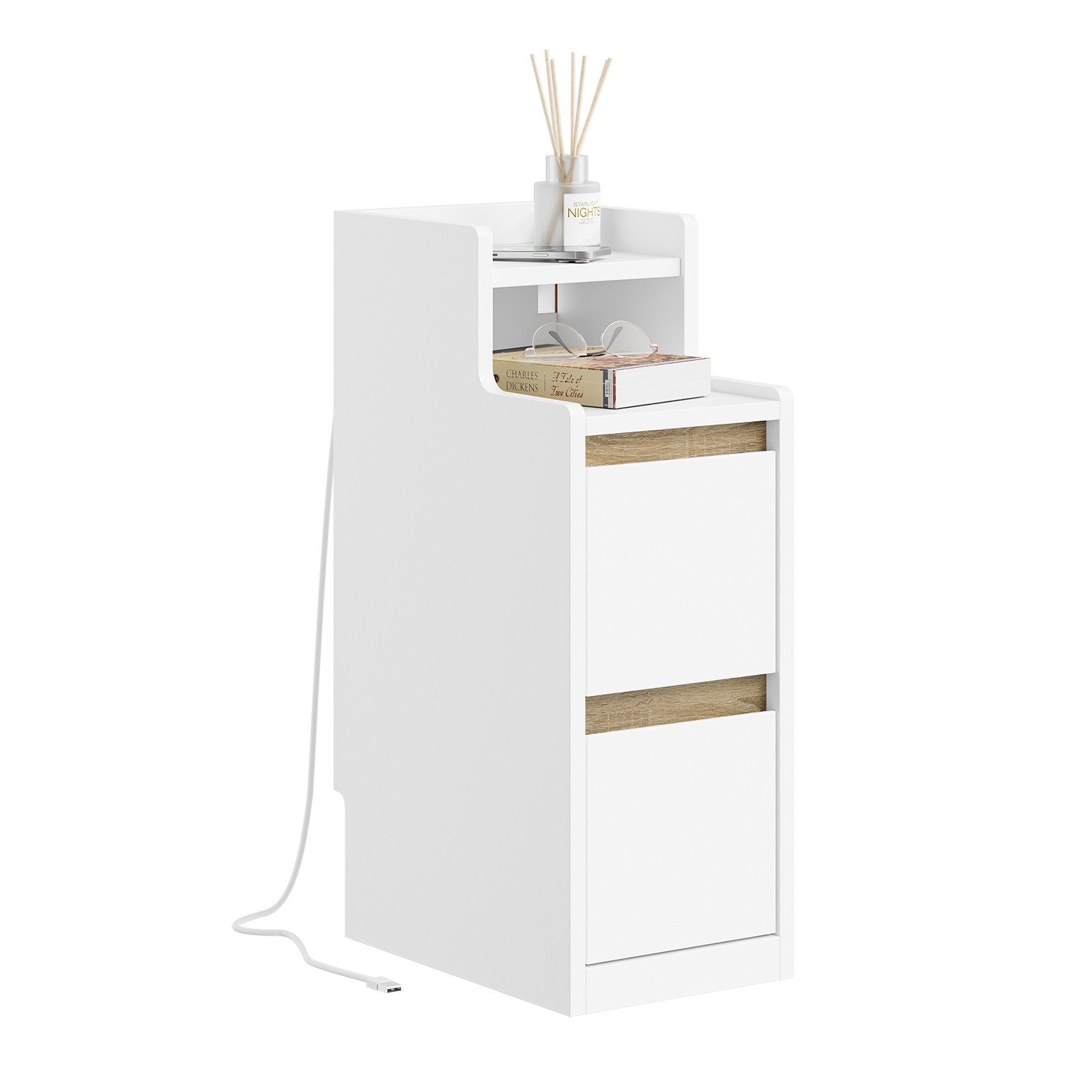 SoBuy Nachttisch FBT178-E, Beistelltisch schmal mit Ladefunktion und LED-Touch-Lampe (1 Tisch), Nachttisch mit USB & Type-C, dimmbare LED-Leiste 1,8 m USB Kabel