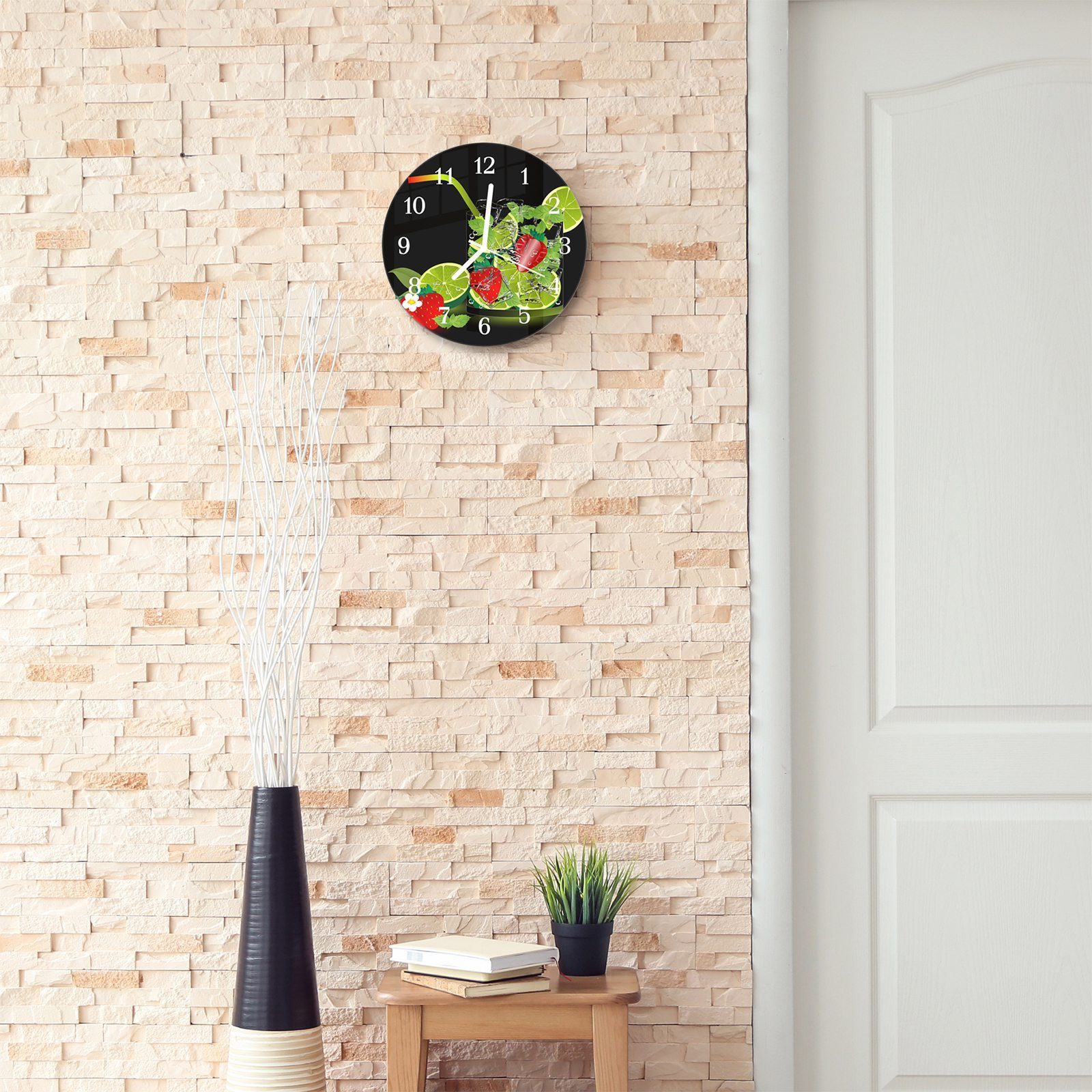 Primedeco mit Rund 30 und Durchmesser Wanduhr mit aus - und Quarzuhrwerk Motiv Erdbeeren Glas Wanduhr cm Limettenschnitze