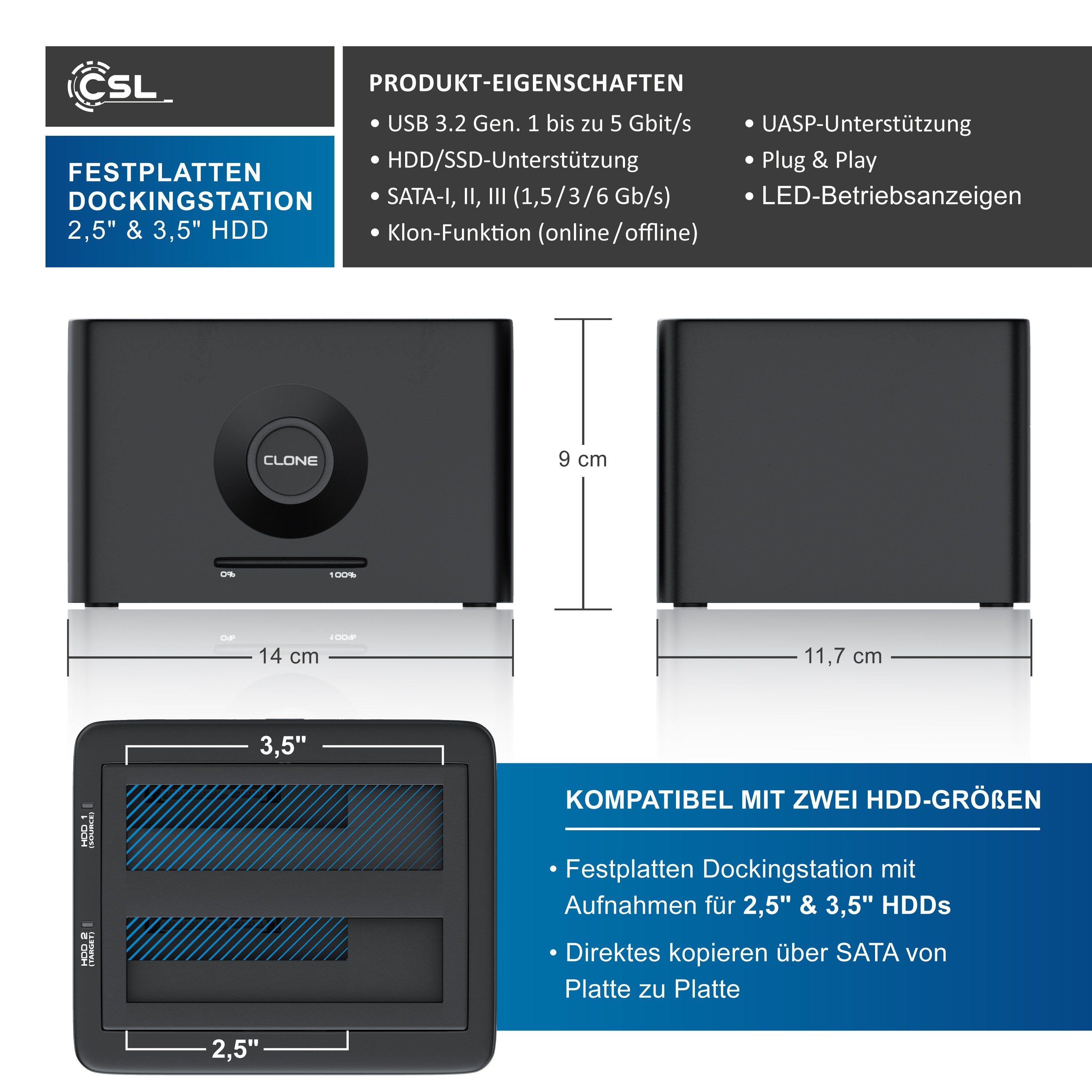 CSL Festplatten-Dockingstation, USB 3.2 Gen 1 Festplattendockingstation,  Klonfunktion für 2,5" & 3,5"