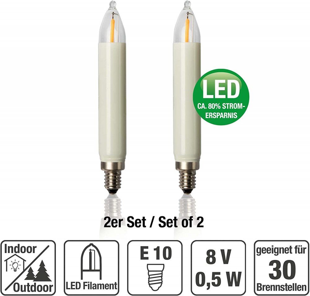 8V LED-Leuchtmittel x 0,5W 2 E10 LED-Schaftkerze Hellum Filament