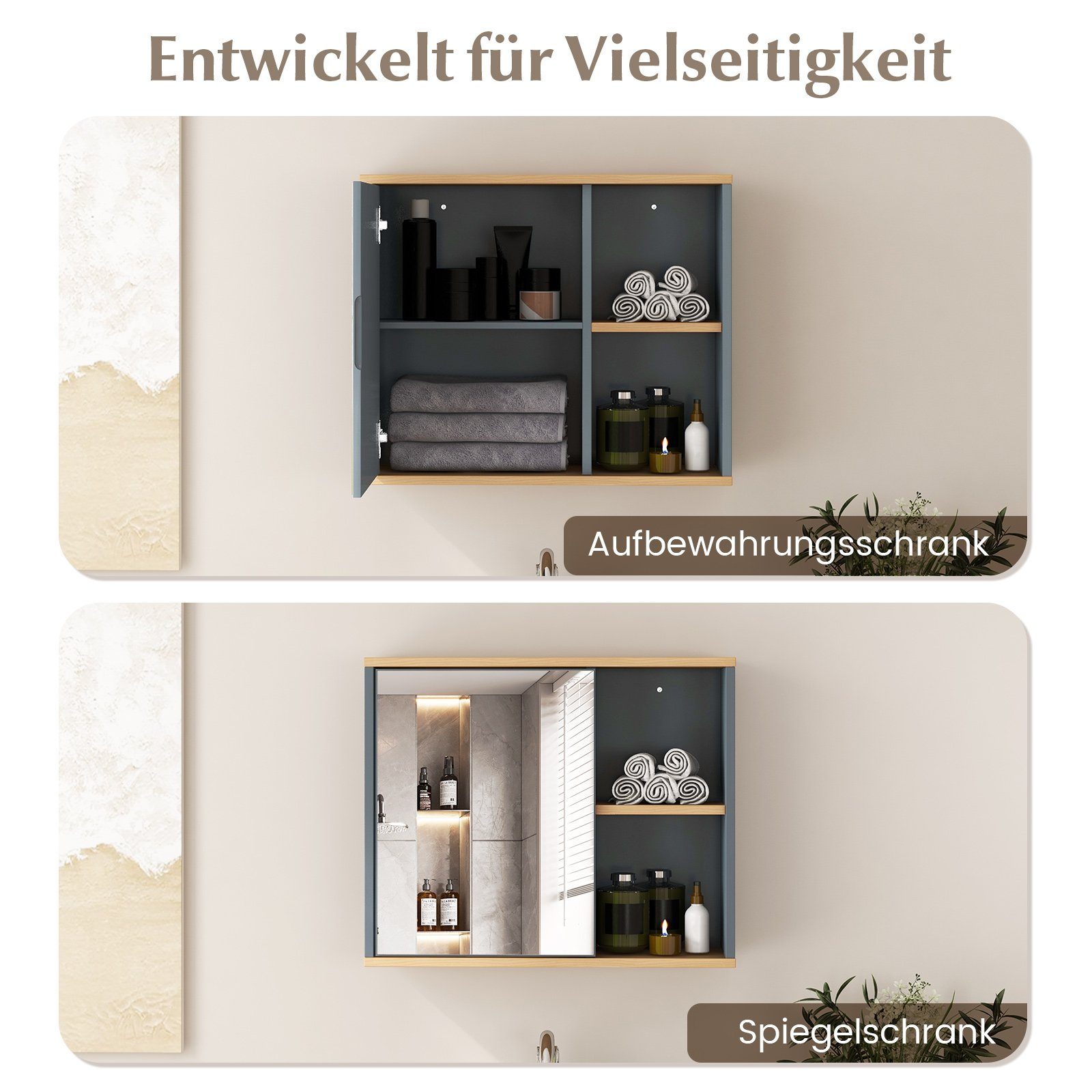 COSTWAY Badezimmerspiegelschrank mit Spiegeltür, verstellbarer Ablage, 60cm