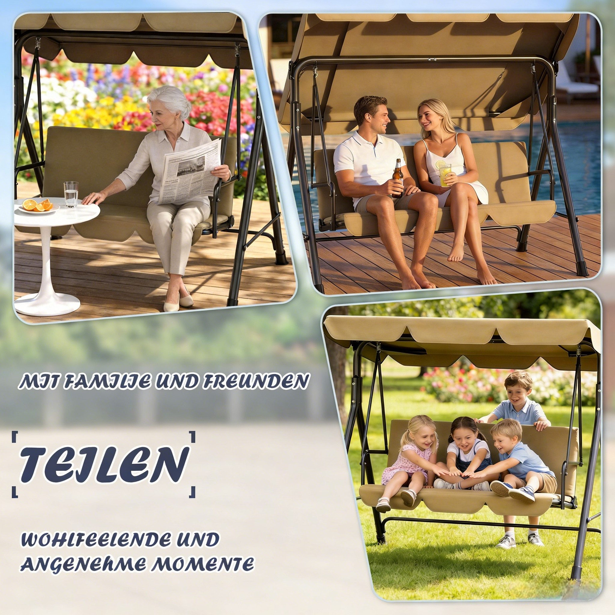 Huracan Hollywoodschaukel Schaukelbank mit Verstellbarem Sonnendach, 3-Sitzer, 175.5*110*152cm, bis 200 kg Tragfähigkeit, Ideal für Garten & Balkon