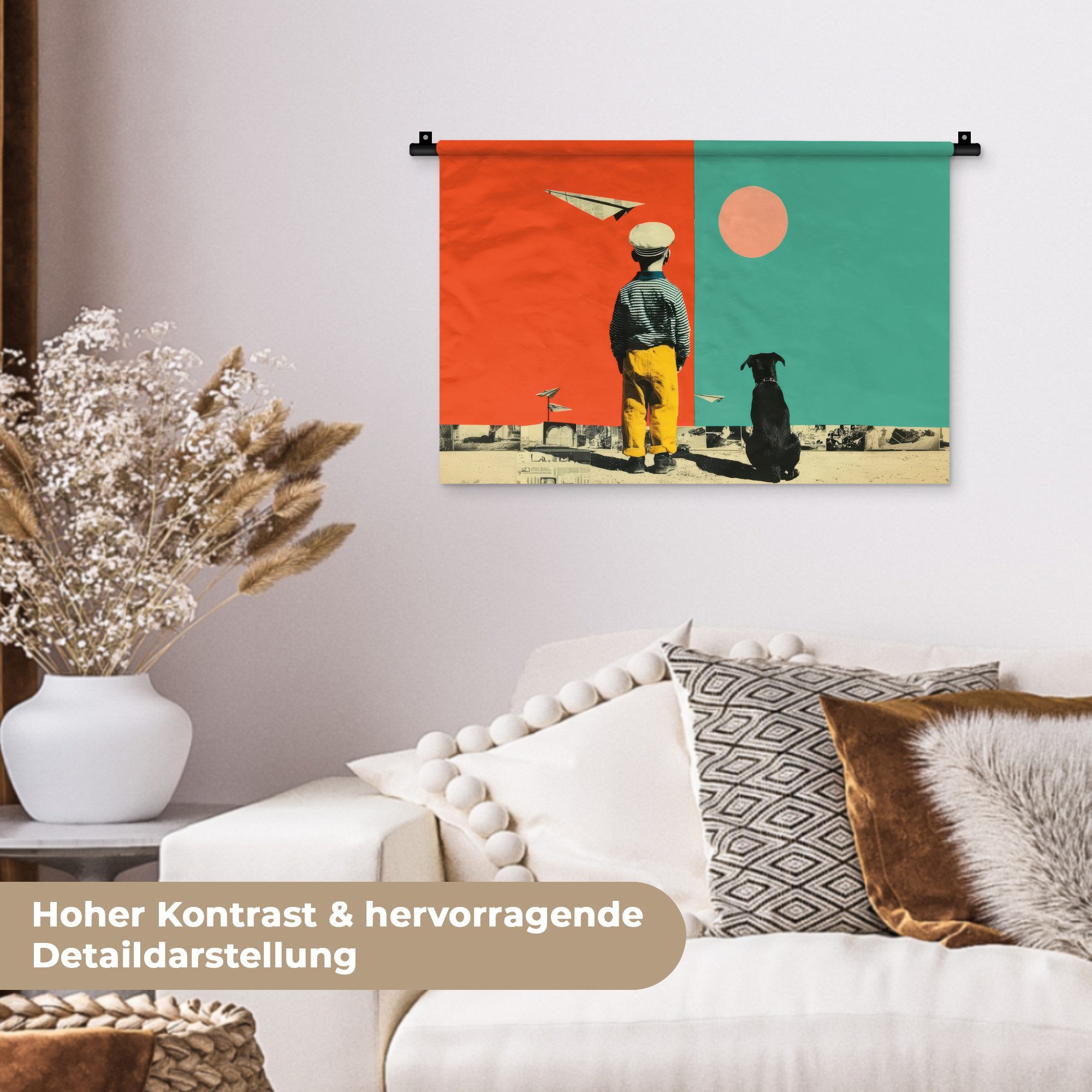 MuchoWow Wandteppich Retro - Junge - Hund - Rot - Grün, Rechteckig, Höhe: 3 mm, Wandteppich für Wohnzimmer, Schlafzimmer, 60x40 cm