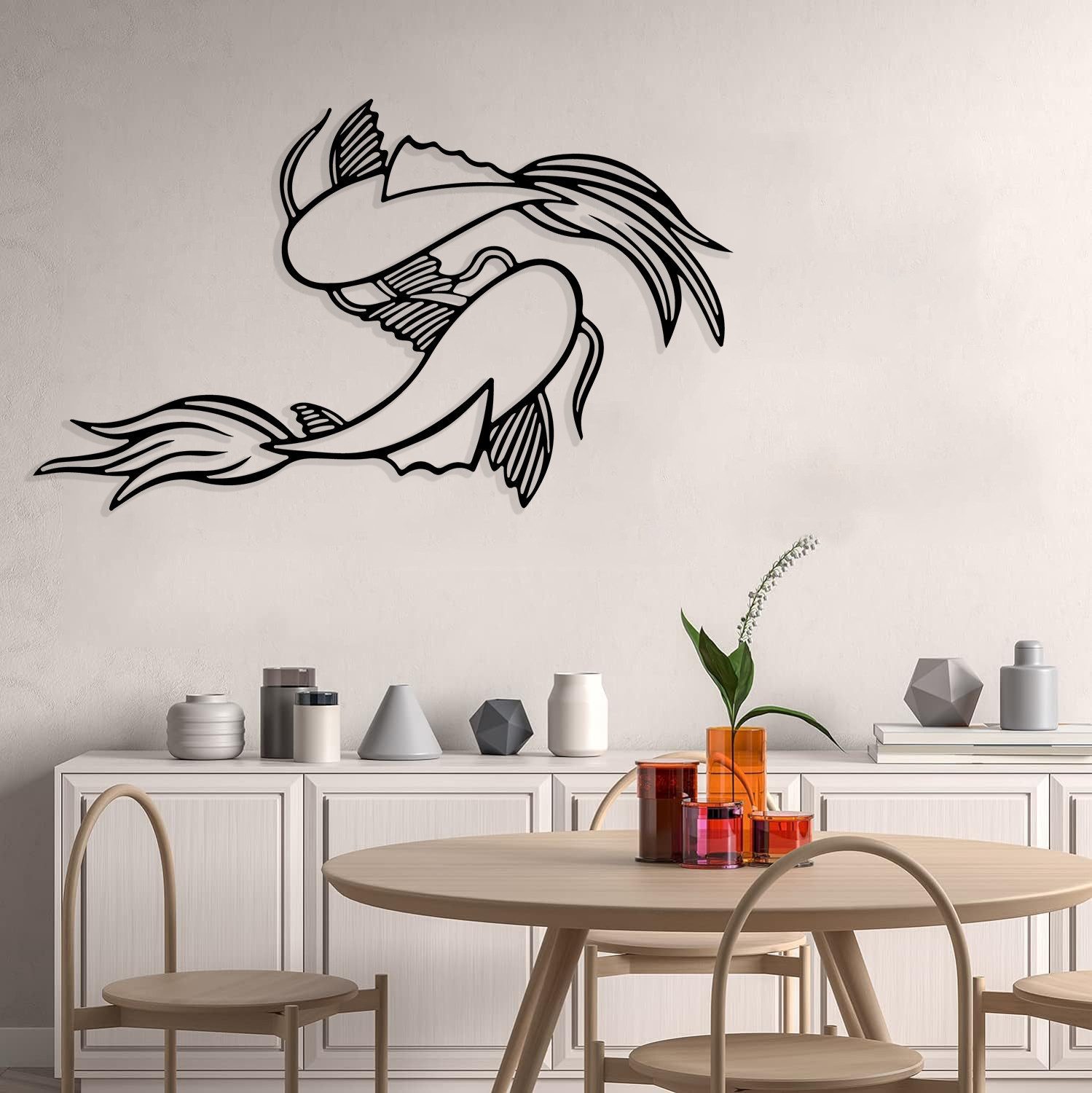 Jumpeak Wanddekoobjekt Koi-Karpfen Wanddekoobjekt Metall,Zwei Fische,Linie Stil Dekoration, Wanddekoration Badezimmer,Koi Karpfen Deko,Geschenke für Männer