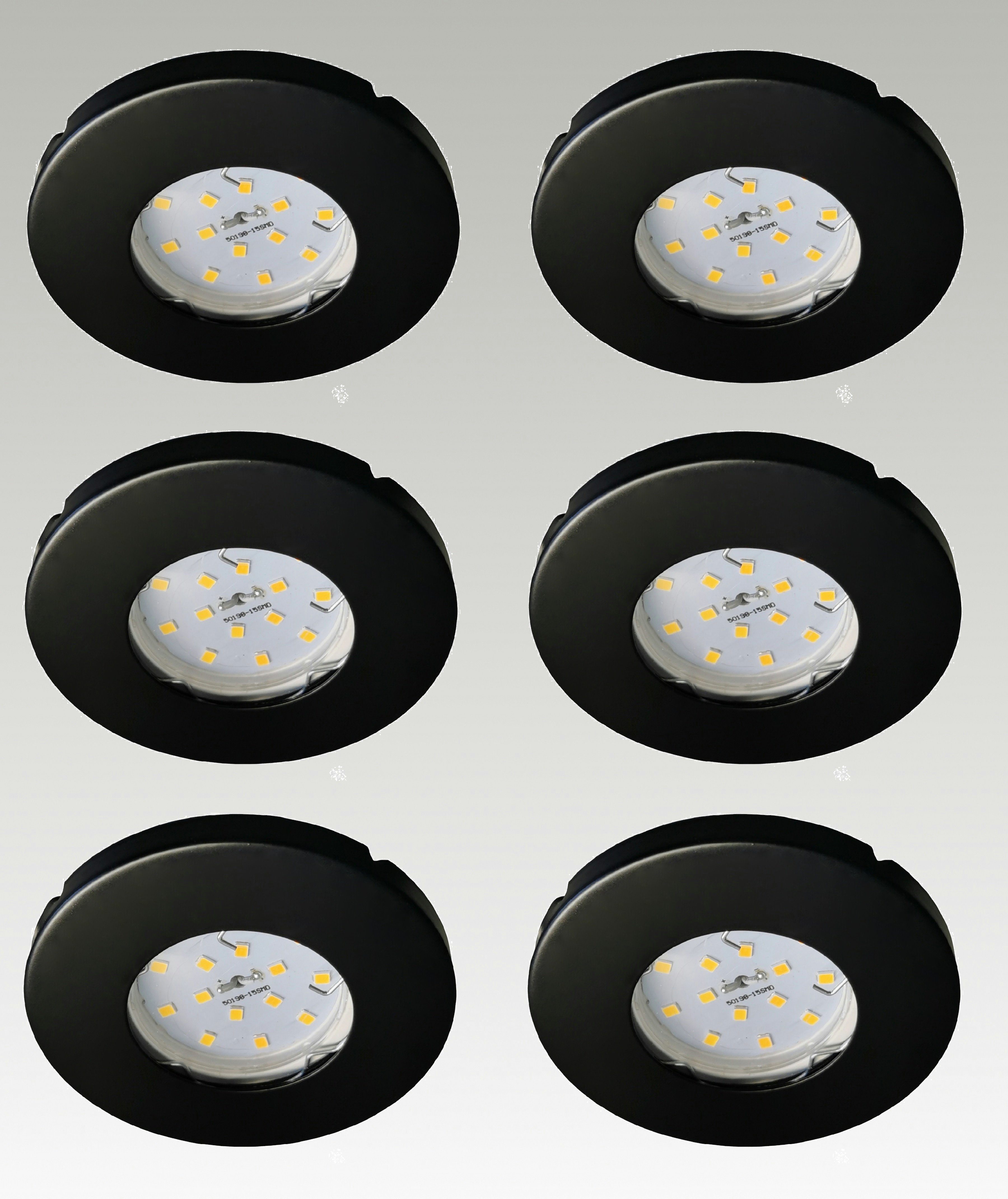 TRANGO LED Einbaustrahler, 6er Set 6729IP-065MO LED Einbaustrahler IP44 Schwarz matt inkl. 6x 5 Watt 3000K warmweiß Ultra Flach LED Modul für Bad, Dusche, Einbauspots, Deckenstrahler, Deckenlampe, Badleuchte