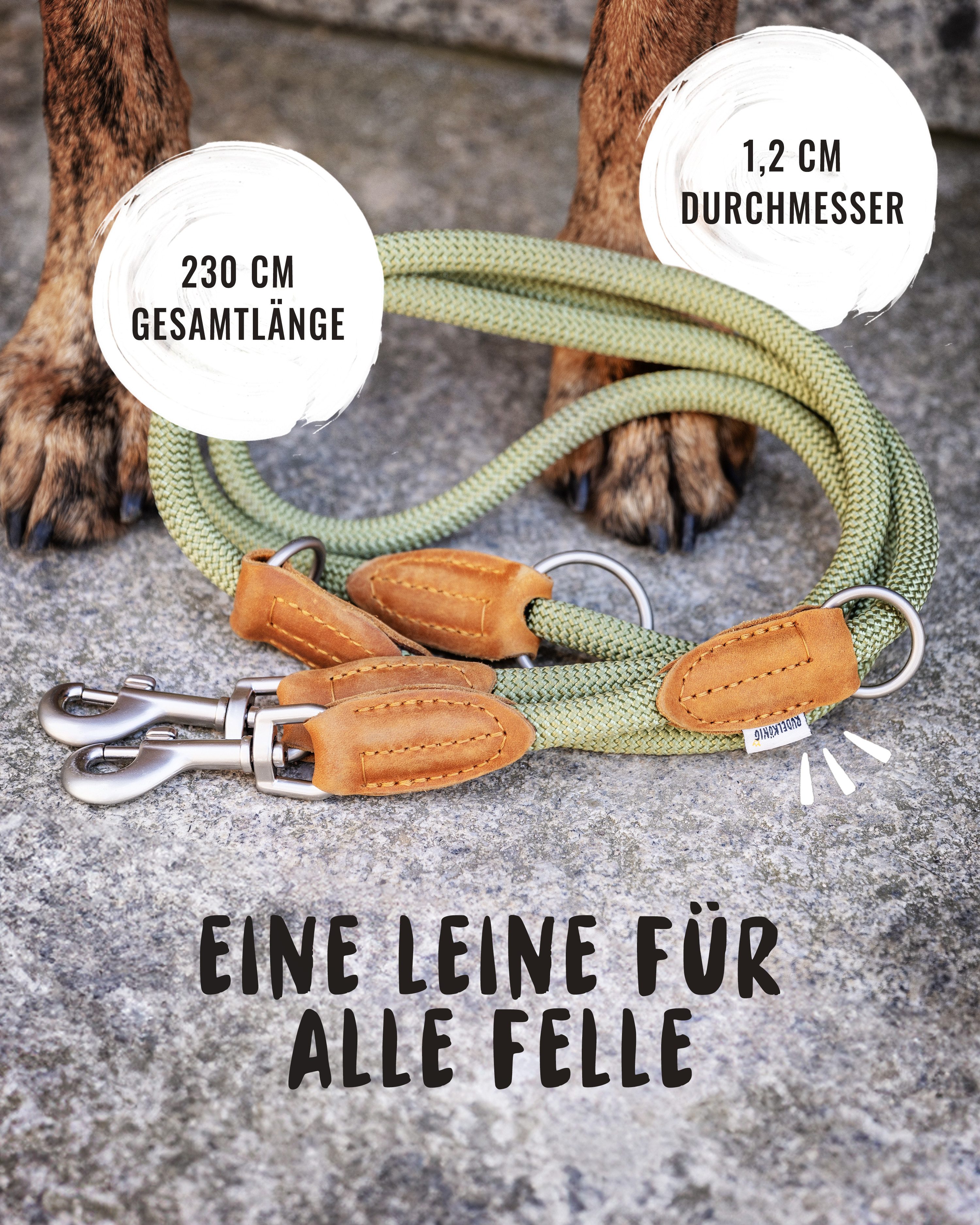 Rudelkönig Hundeleine Hundeleine 2,25m mit Leder, Elegante Führleine für große Hunde, Leder, Polyester (1-tlg), 3-fach verstellbare Tauleine