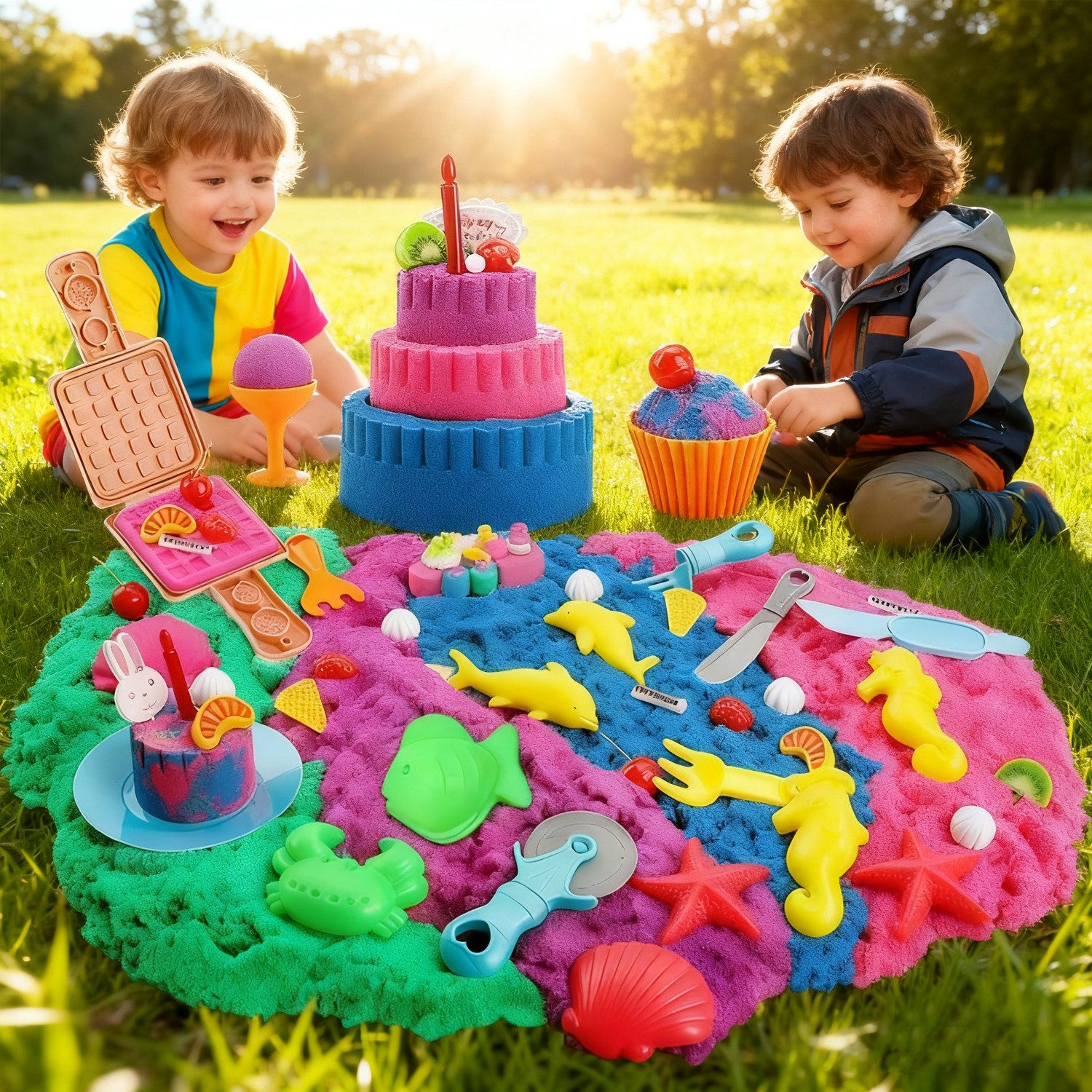 Coradoma Creative Set Sensory Toy Kinetic Sand & Ice Magic Play Sand Kneading Sand, 1800g, Sandpit with Lid, 4 Colors and Many Accessories