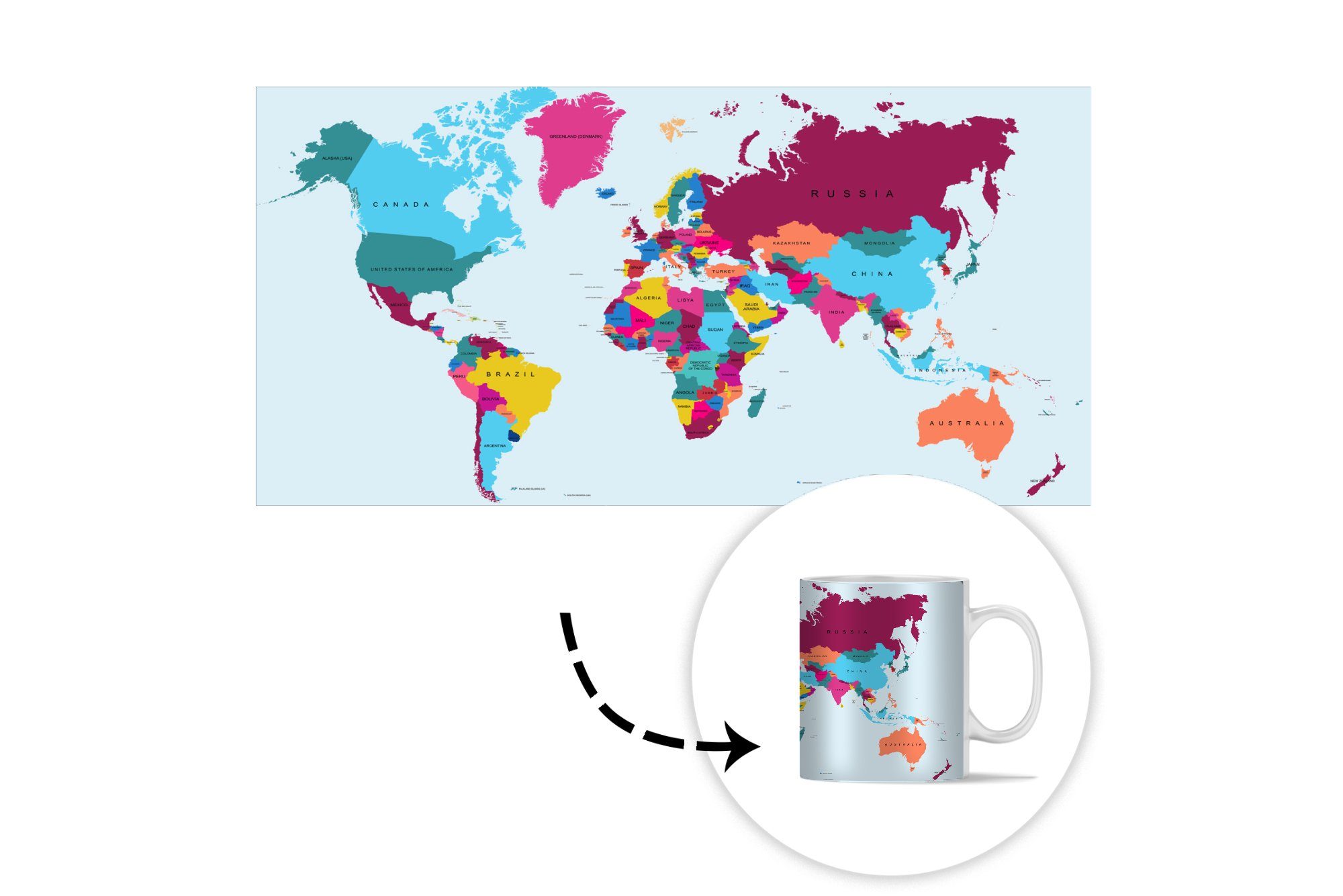 MuchoWow Tasse Weltkarte - Trendig Geschenk Becher, Kaffeetassen, - Keramik, Farbenfroh, Teetasse, Teetasse