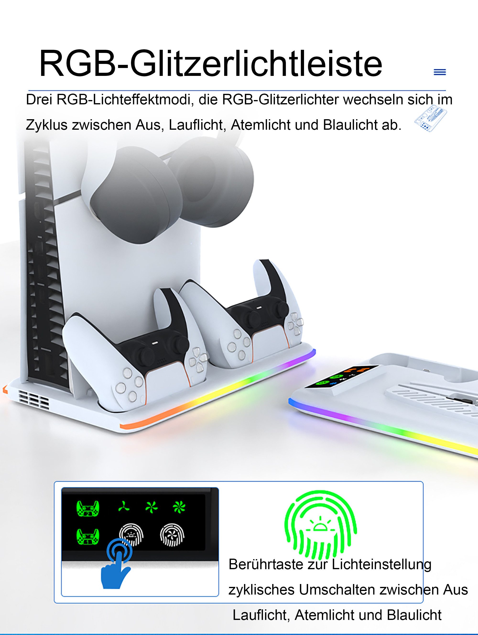Luckice PlayStation Portal Ladegerät mit Headset- und Fernbedienungshalter Nintendo-Controller (Spar-Set, 1 St., PS5 Controller-Ladestation mit 3 USB-Hubs & RGB-Beleuchtung)