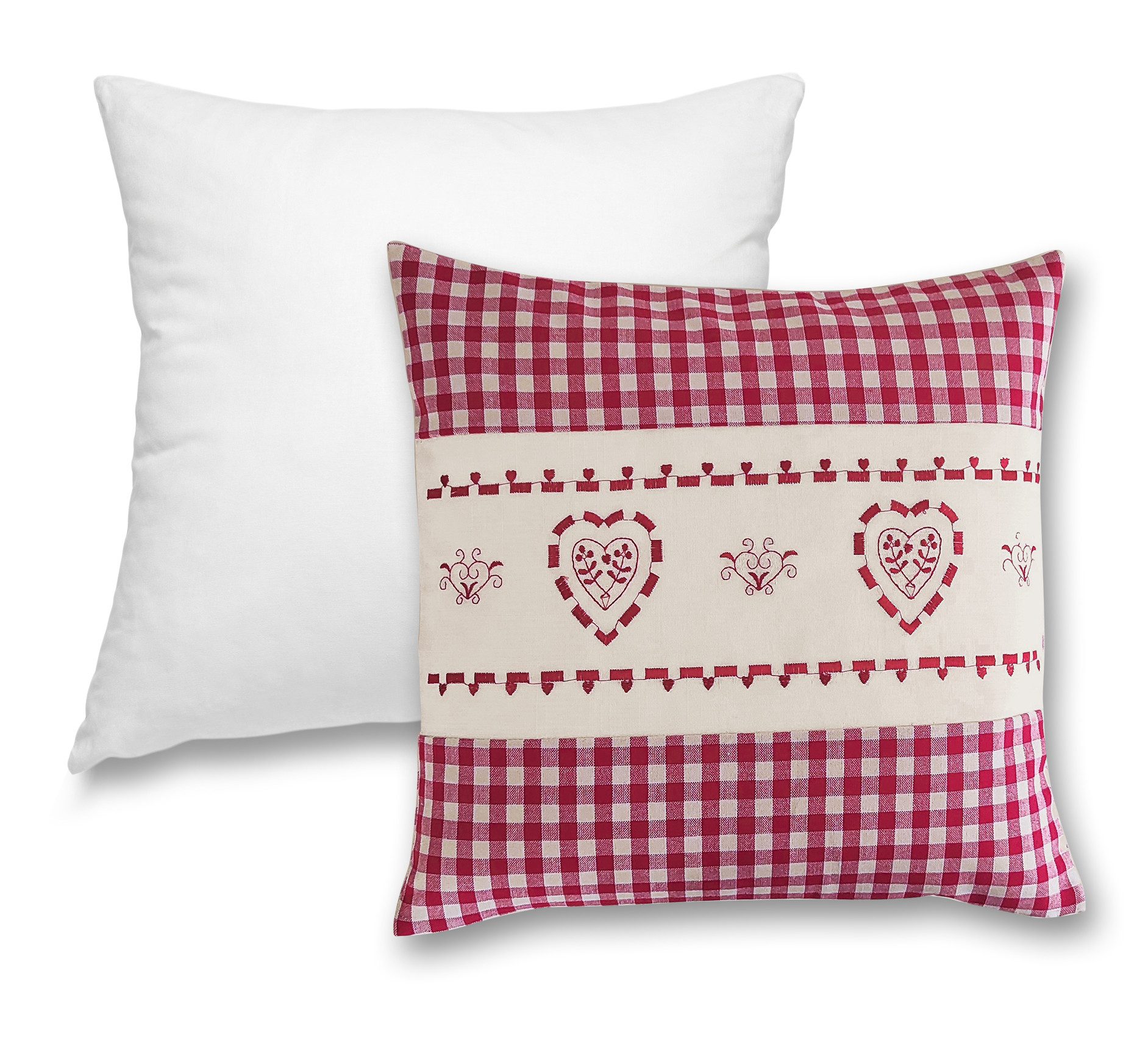 wometo Kissenbezug Landhaus Karo mit Stickerei Herz oder Hirsch, 40x40 cm, (1 Stück), OEKO-TEX®, Karo, Herz & Hirsch-Stickmotiv, MIT Füllung