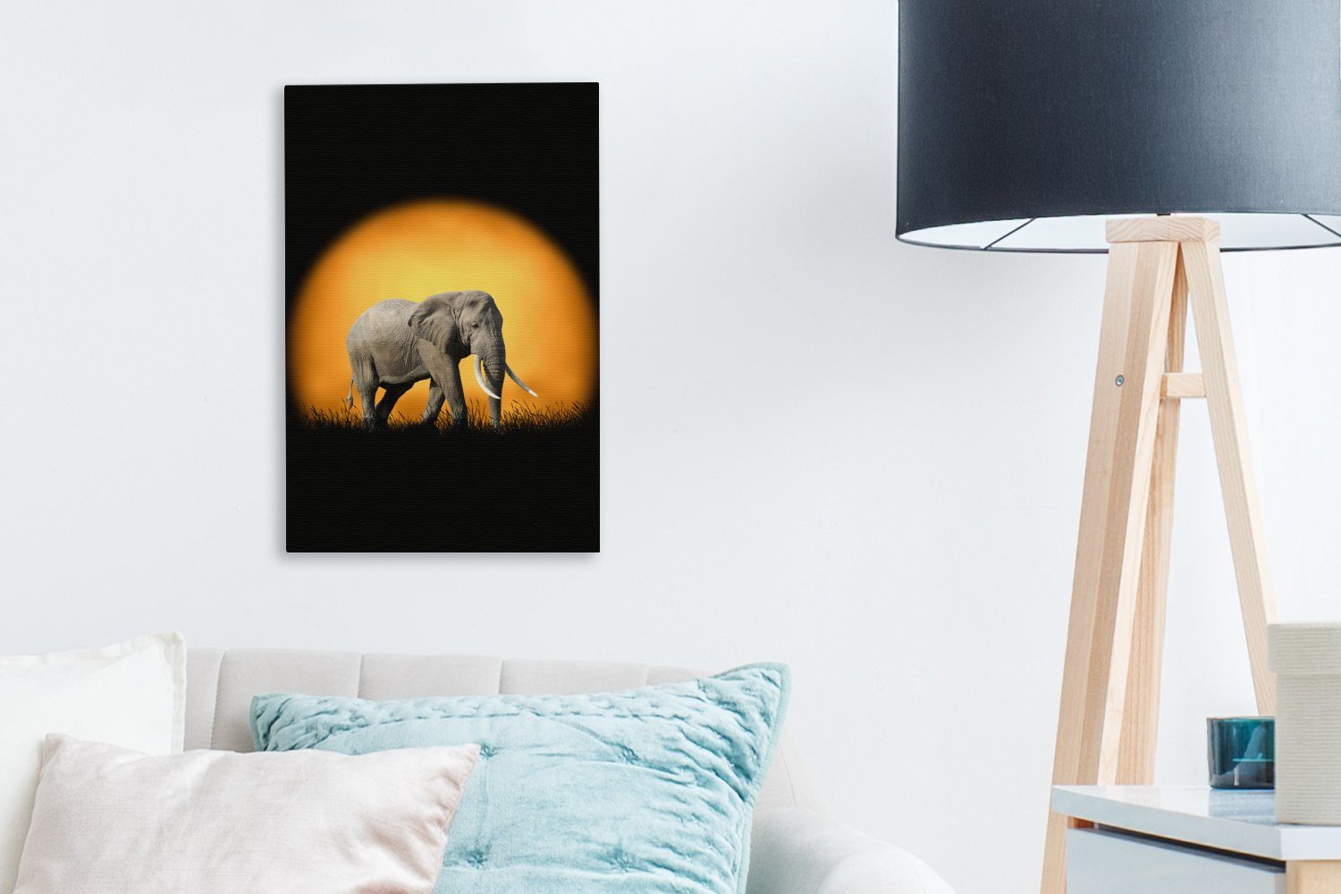 OneMillionCanvasses® Leinwandbild Elefant - Sonne Orange, St), Zackenaufhänger, cm (1 20x30 inkl. fertig Leinwandbild bespannt - Gemälde