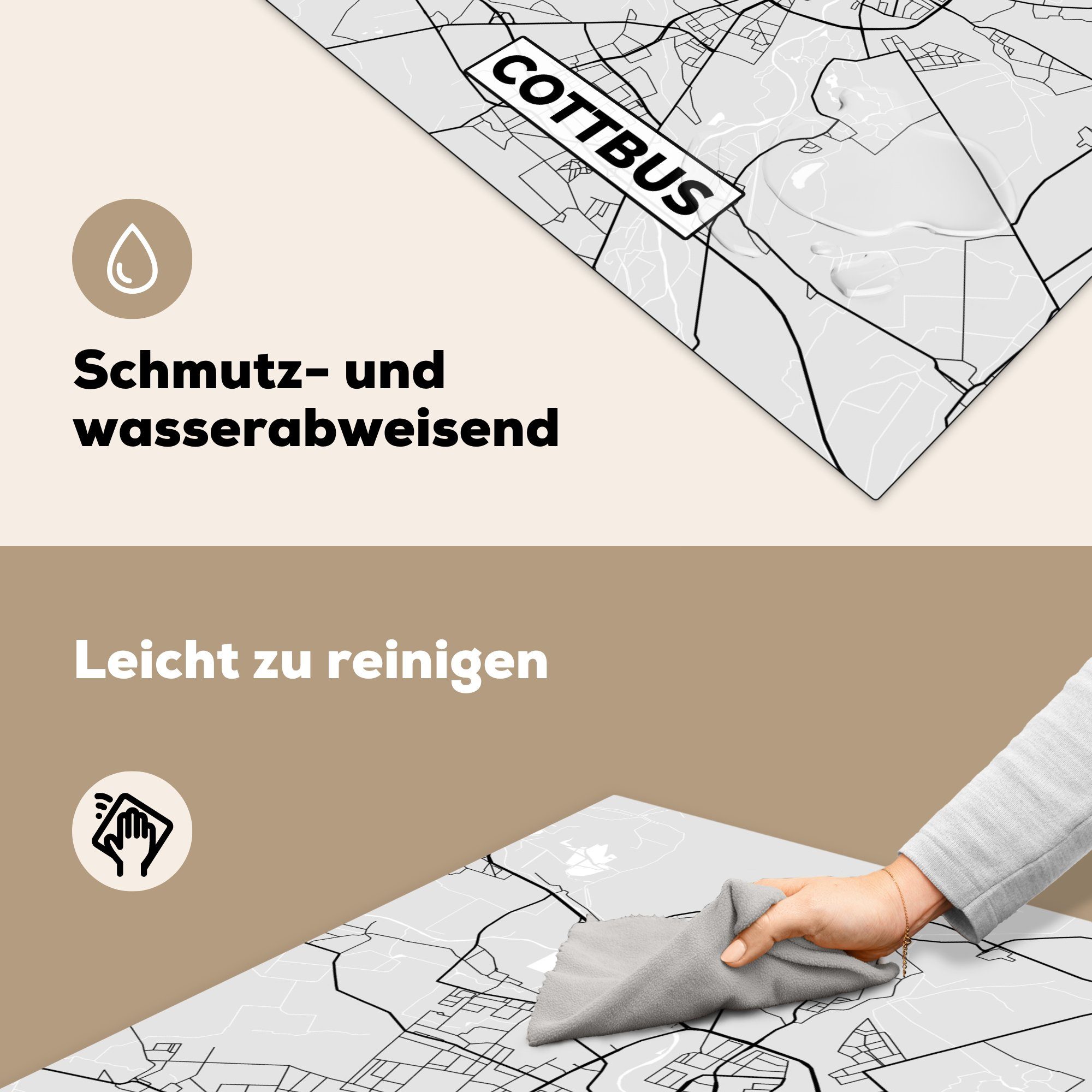cm, - 78x78 Deutschland - für küche Karte MuchoWow Herdblende-/Abdeckplatte Vinyl, Ceranfeldabdeckung, Karte Stadtplan, Arbeitsplatte tlg), (1 - Cottbus -