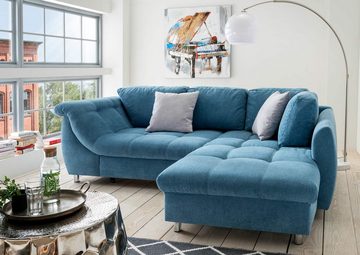 luma-home Ecksofa 17107, 250x190 cm, Ottomane rechts, Bettfunktion, Wellenunterfederung, Mikrofaser, Blau