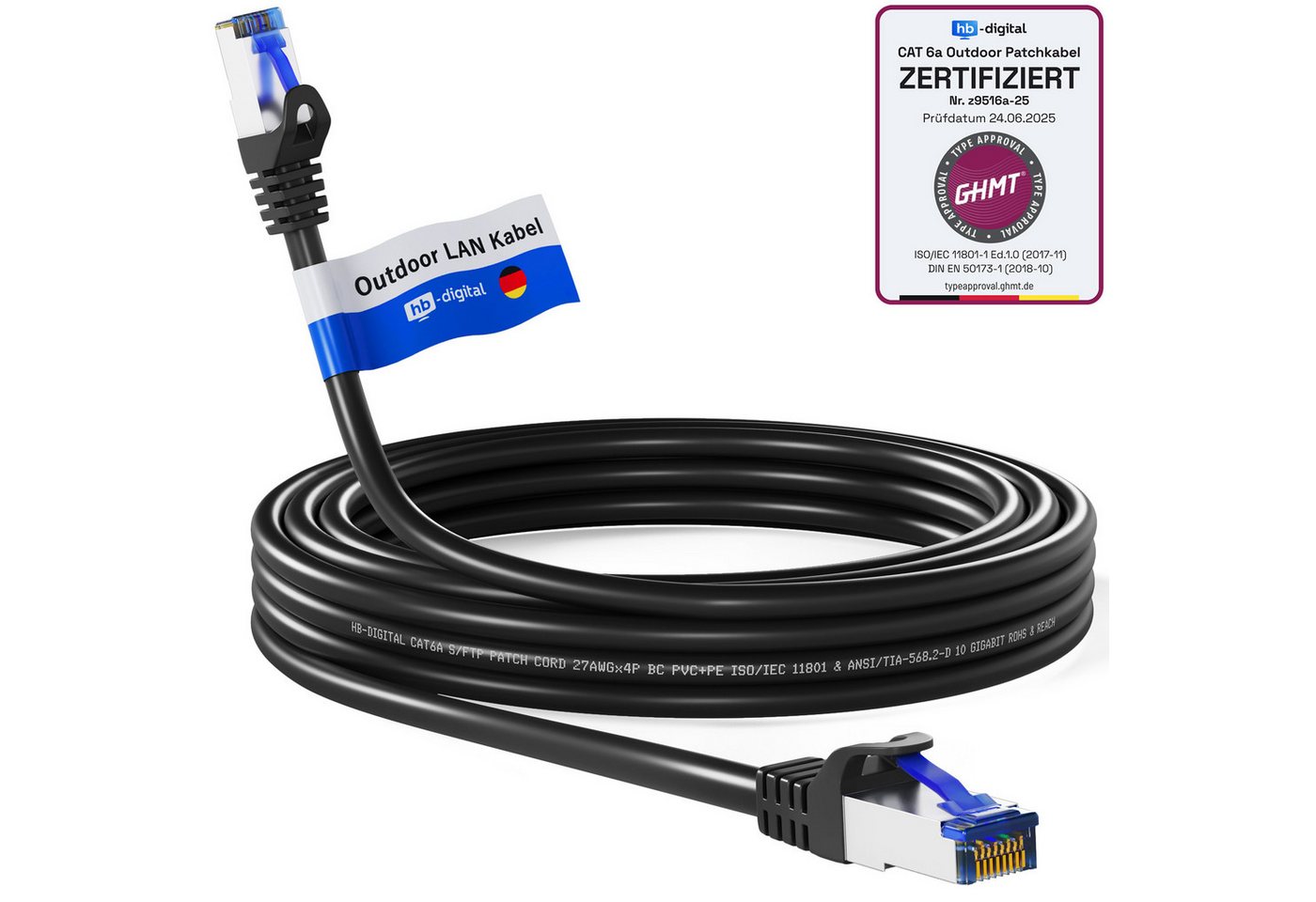 HB-DIGITAL Patchkabel CAT6a Outdoor S/FTP PVC + PE Netzwerkkabel, Netzwerkstecker, (1500 cm), speziell für die Außeninstallation konzipiert