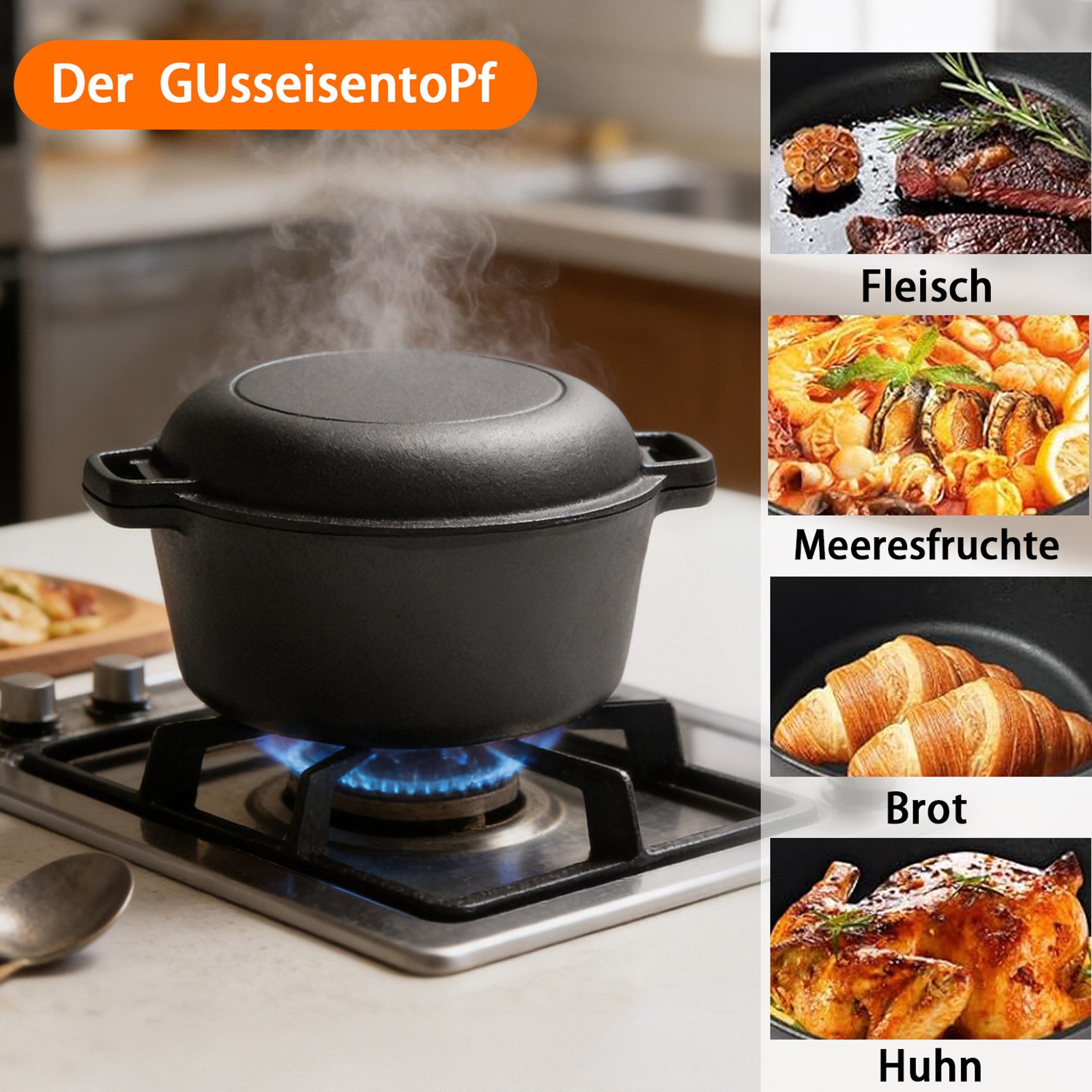 GLIESE Brotbackform Brotbackform 26cm Gusseisen Topf Brot Backen, für alle Herdarten, Backöfen & Grills, Temperaturbeständig bis 450°C – Bild 5 von 5