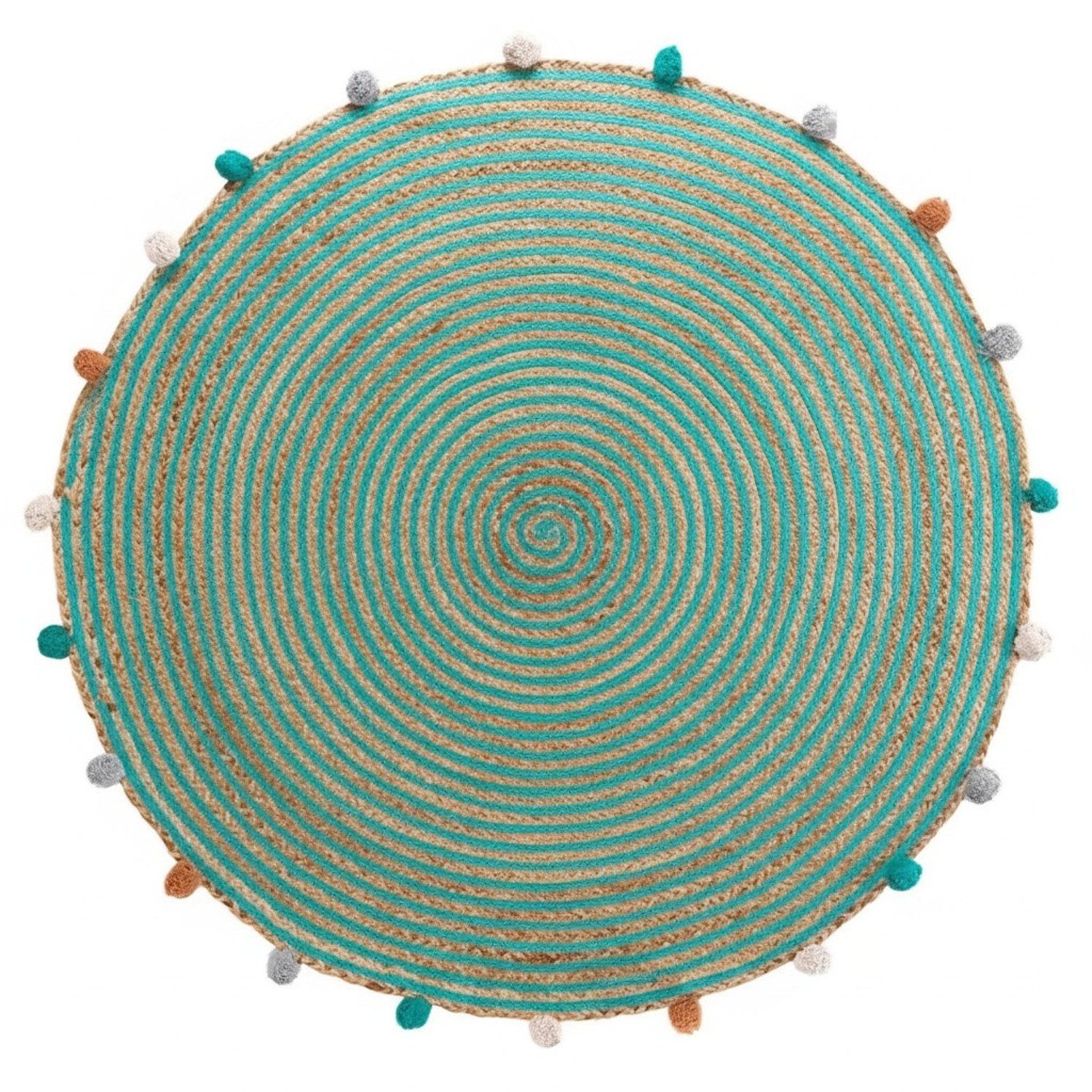 Macosa Home Teppich Rund 90 cm Natur Grün Türkis mit Bommel, rund, Jute Baumwolle Boho Dekoteppich